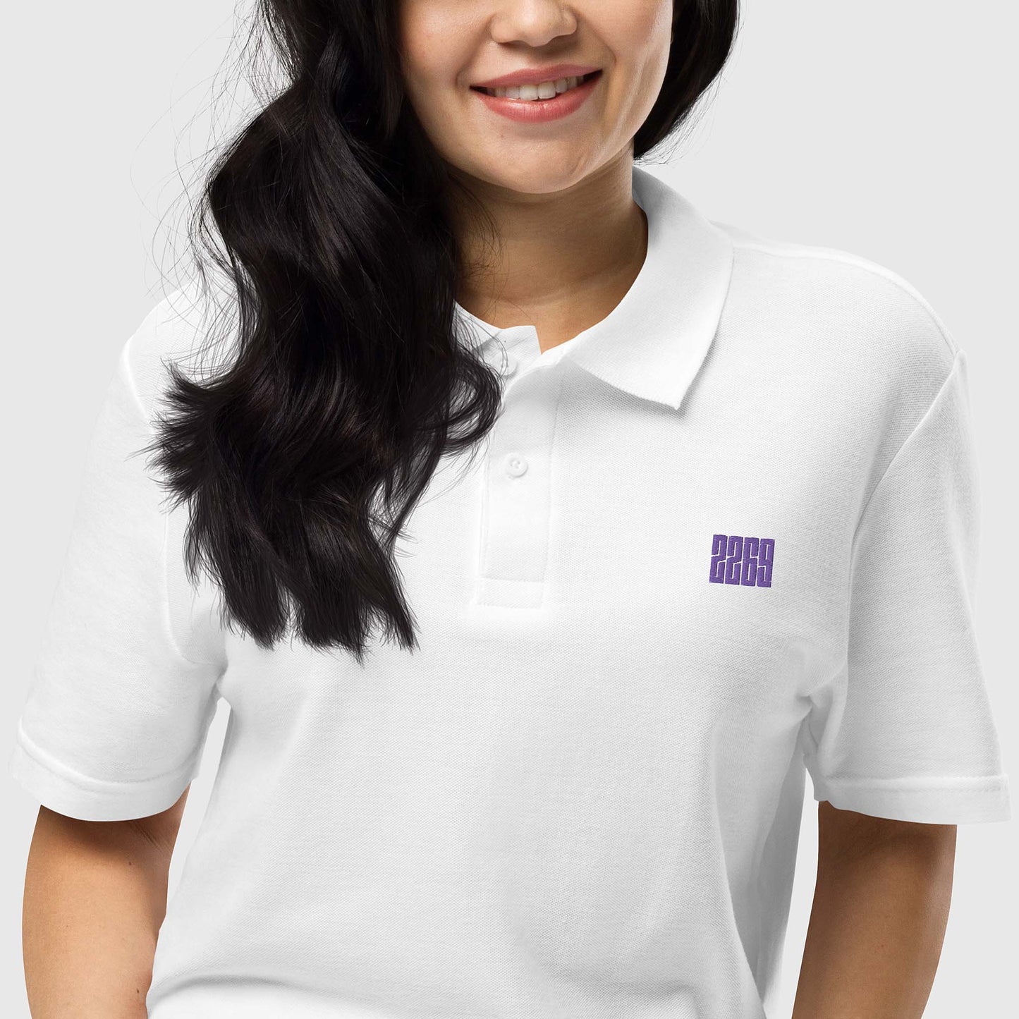 Unisex white pique polo shirt with embroidered 2269 logo