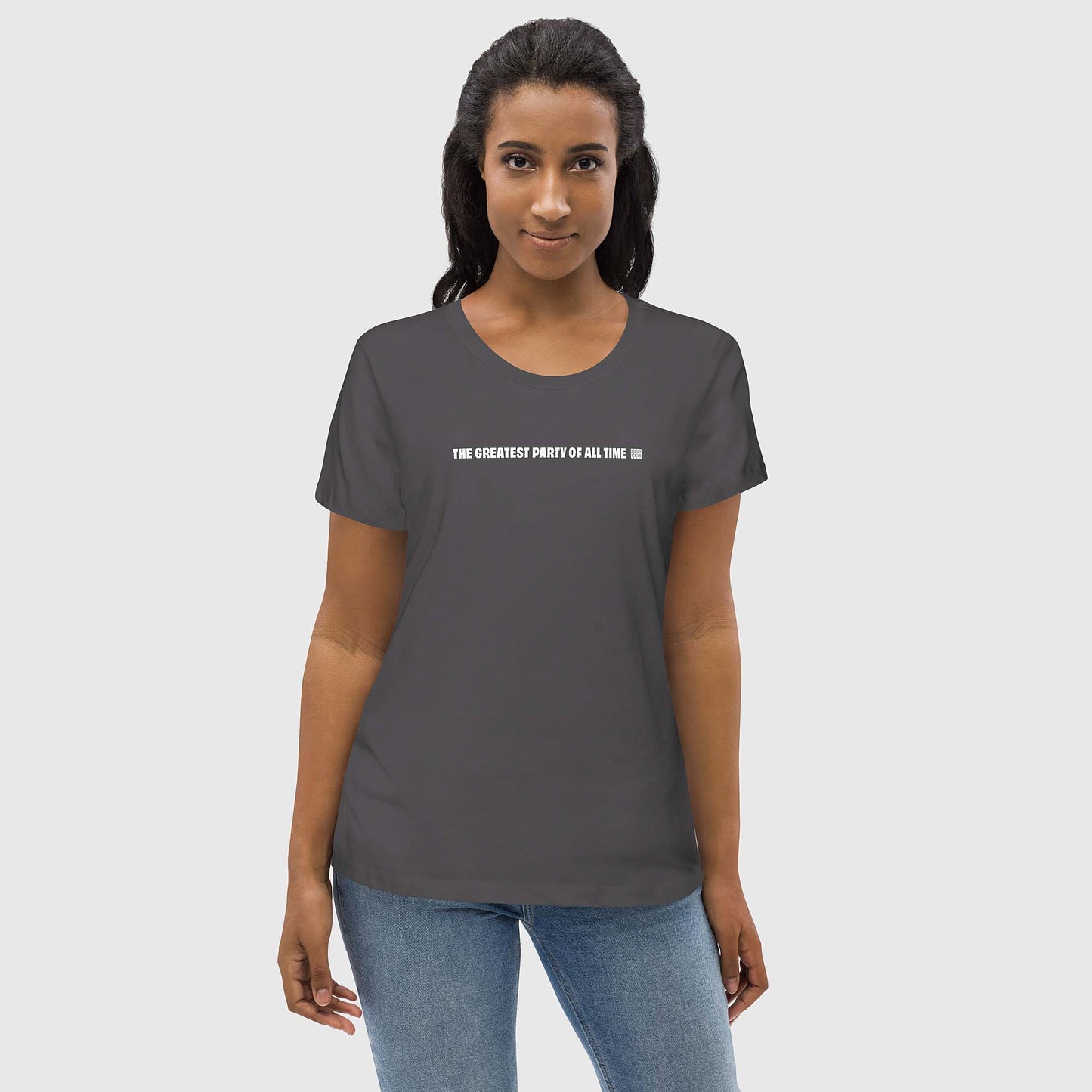 Women's anthracite fitted organic cotton t-shirt with English 2269 party message