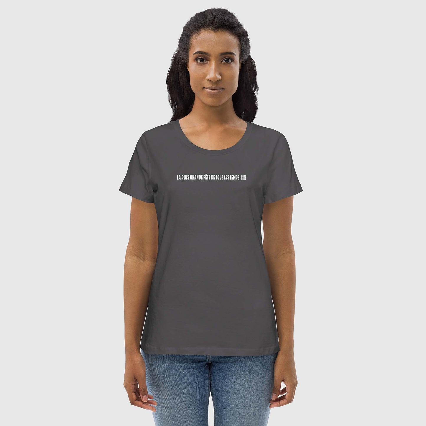 Women's anthracite fitted organic cotton t-shirt with French 2269 party message