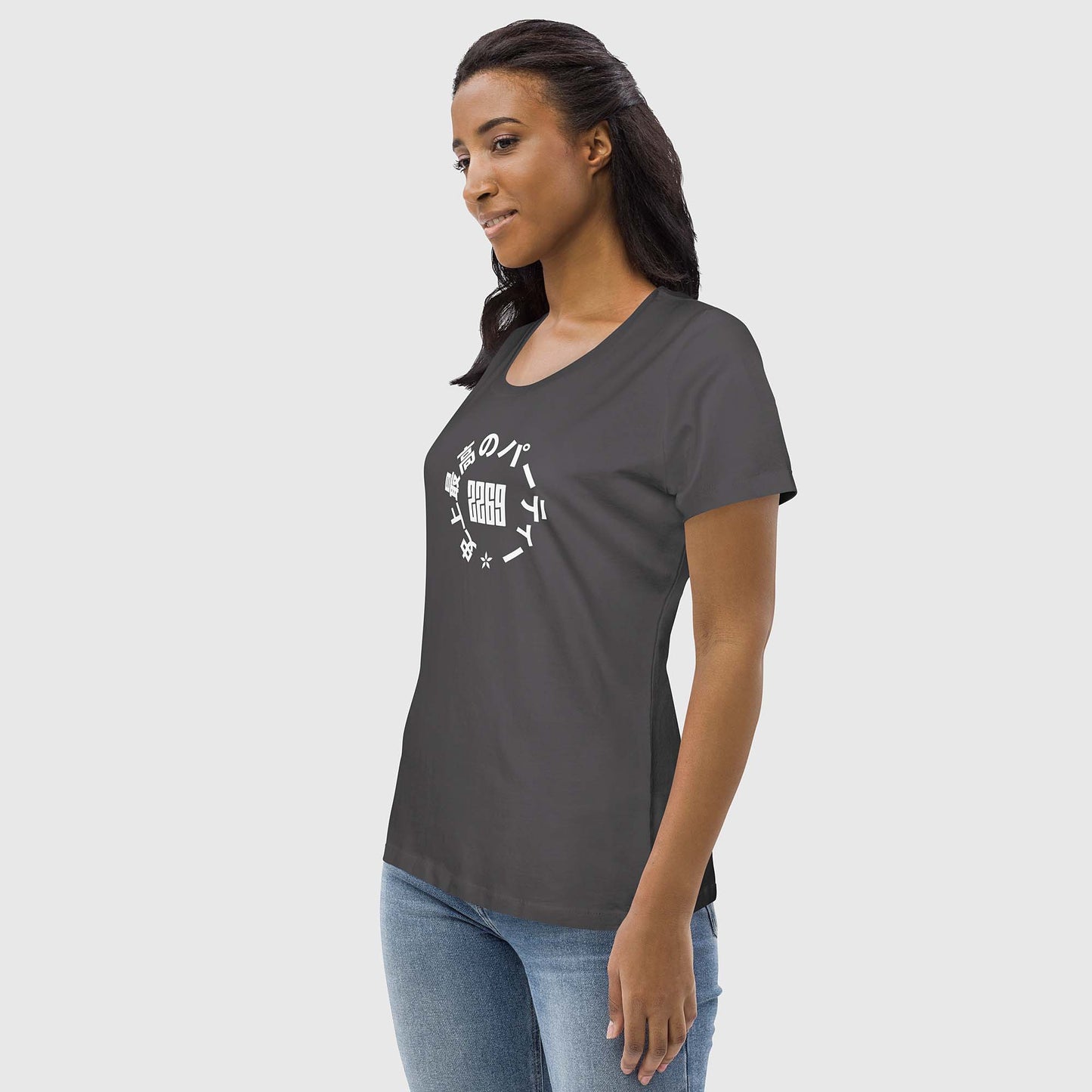 Women's anthracite fitted organic cotton t-shirt with Japanese 2269 party circle