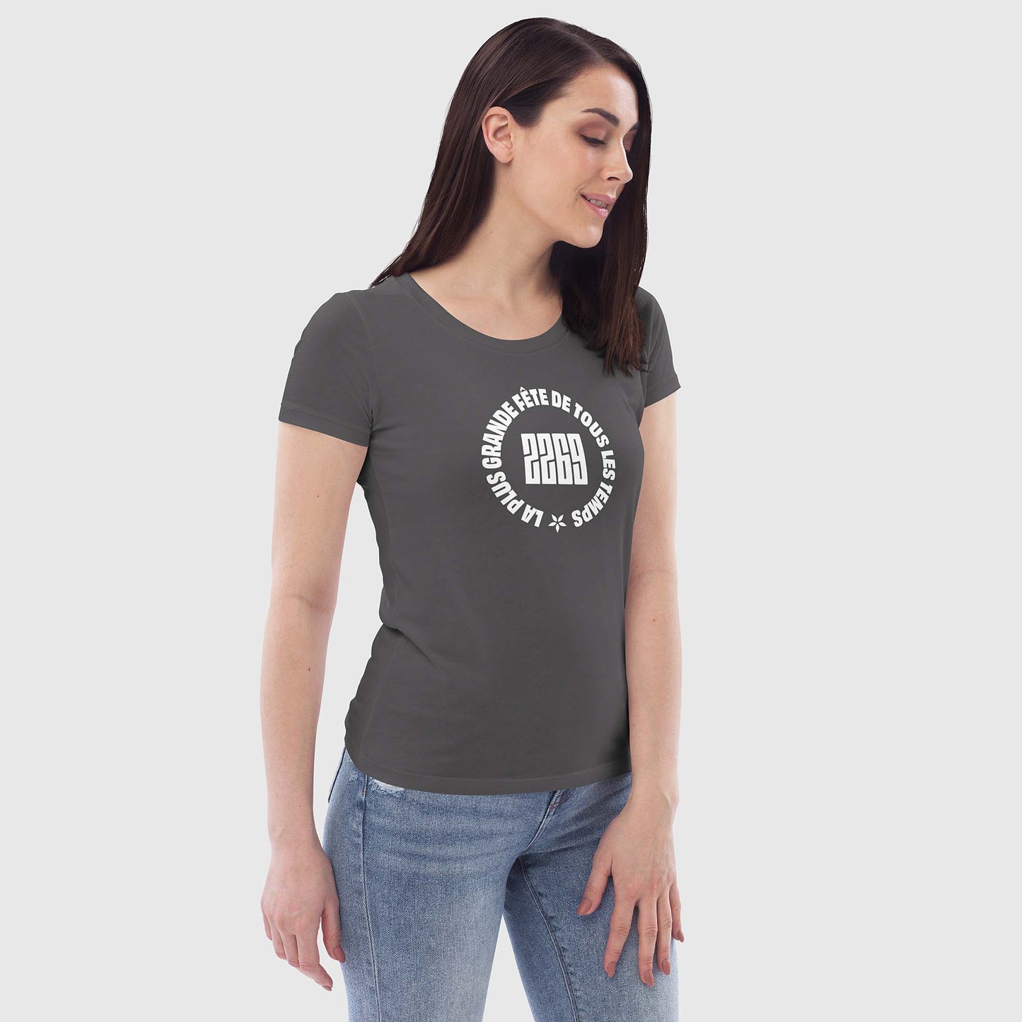 Women's anthracite fitted organic cotton t-shirt with French 2269 party circle