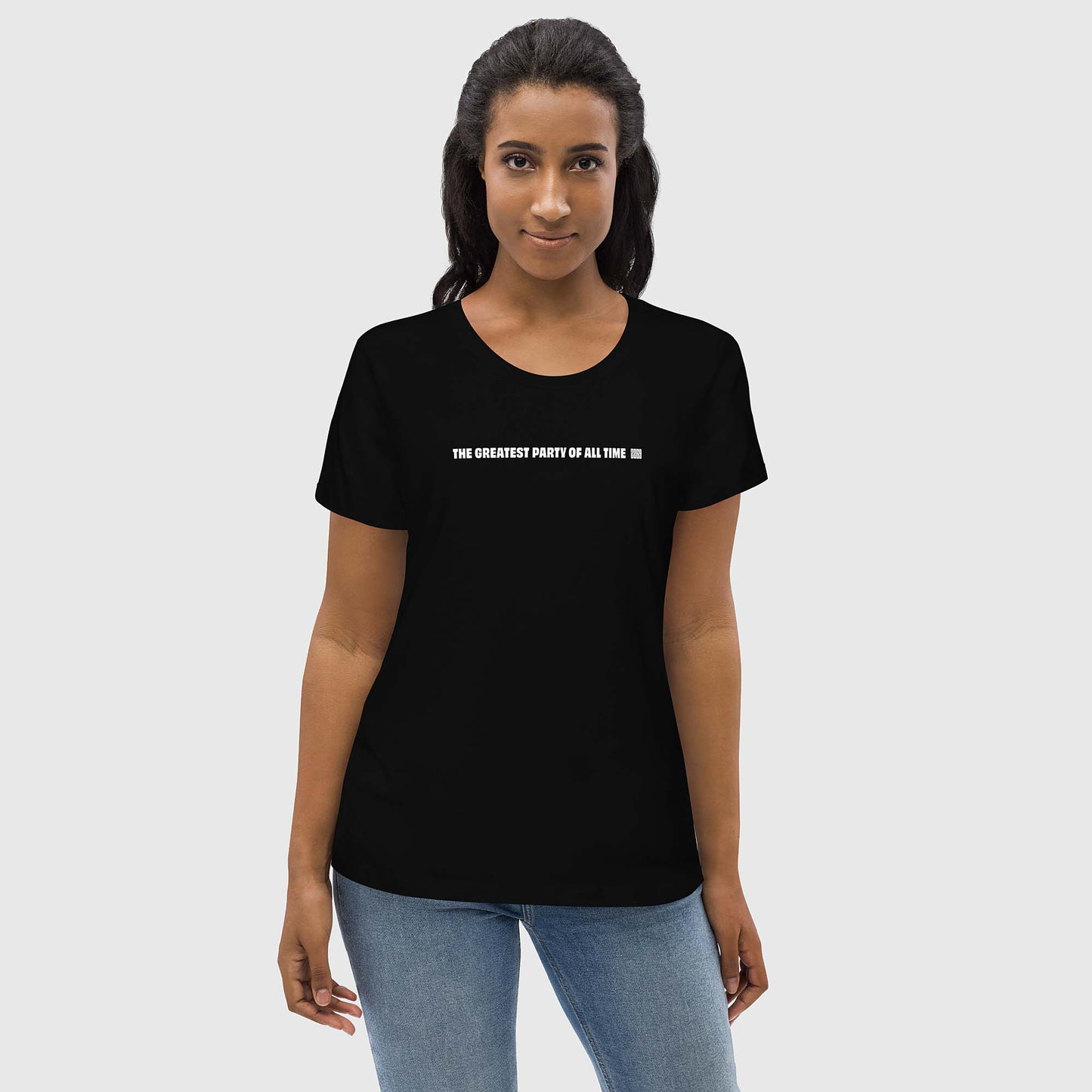 Women's black fitted organic cotton t-shirt with English 2269 party message