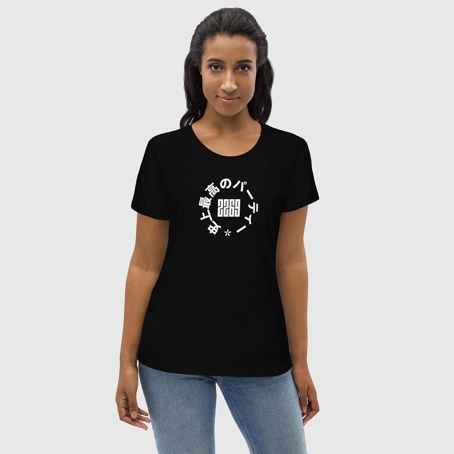 Women's black fitted organic cotton t-shirt with Japanese 2269 party circle