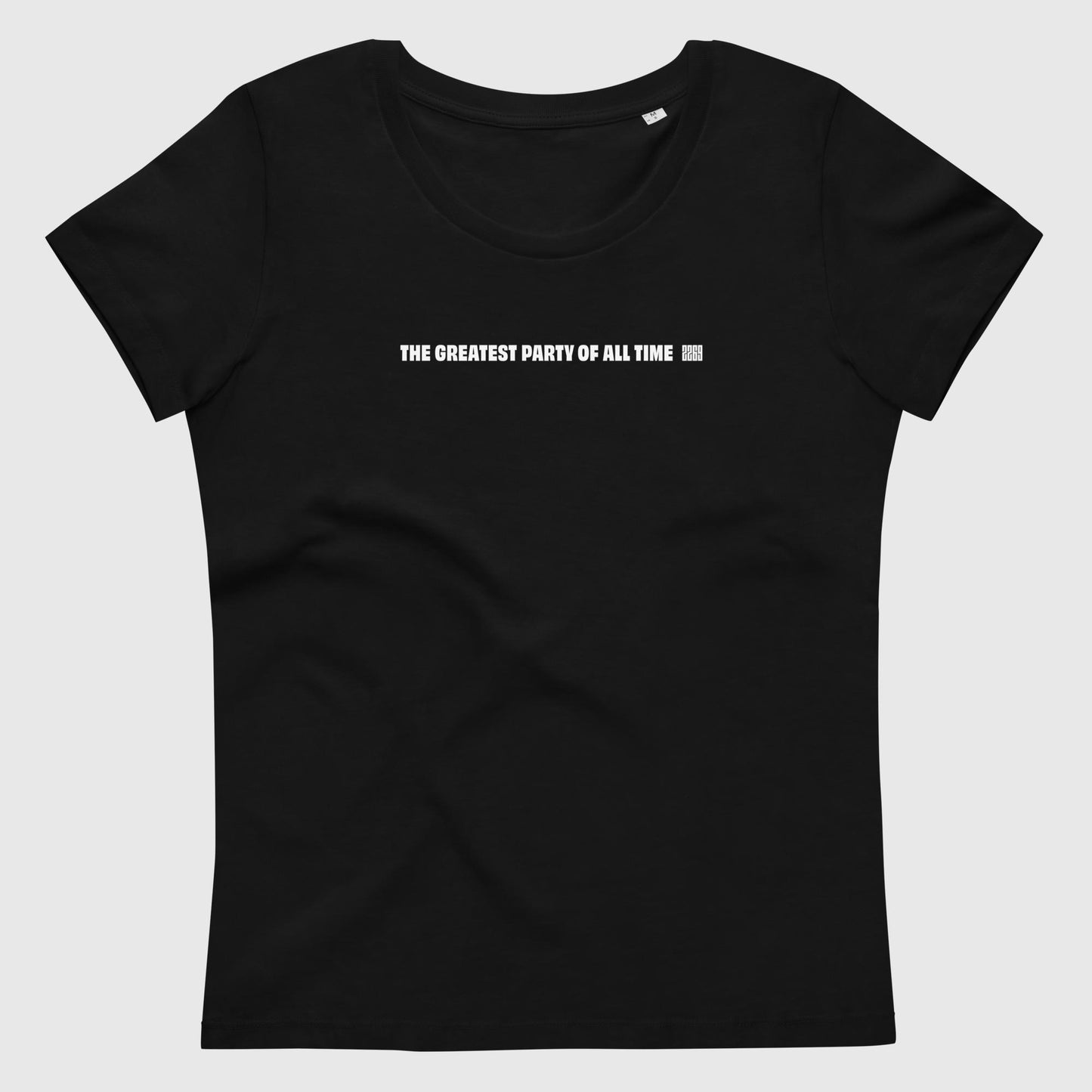 Women's black fitted organic cotton t-shirt with English 2269 party message