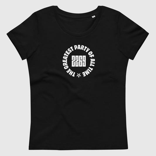 Women's black fitted organic cotton t-shirt with English 2269 party circle