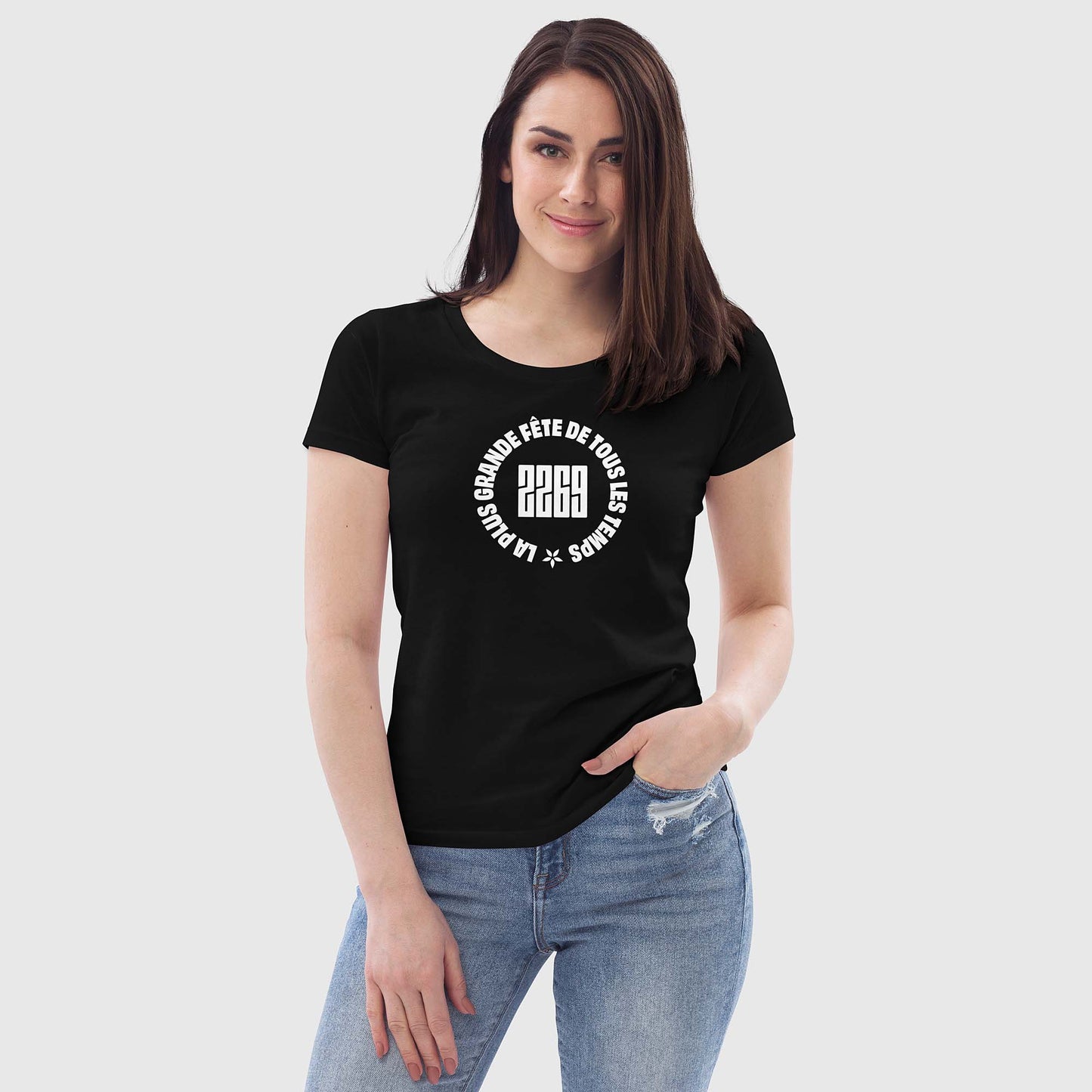 Women's black fitted organic cotton t-shirt with French 2269 party circle