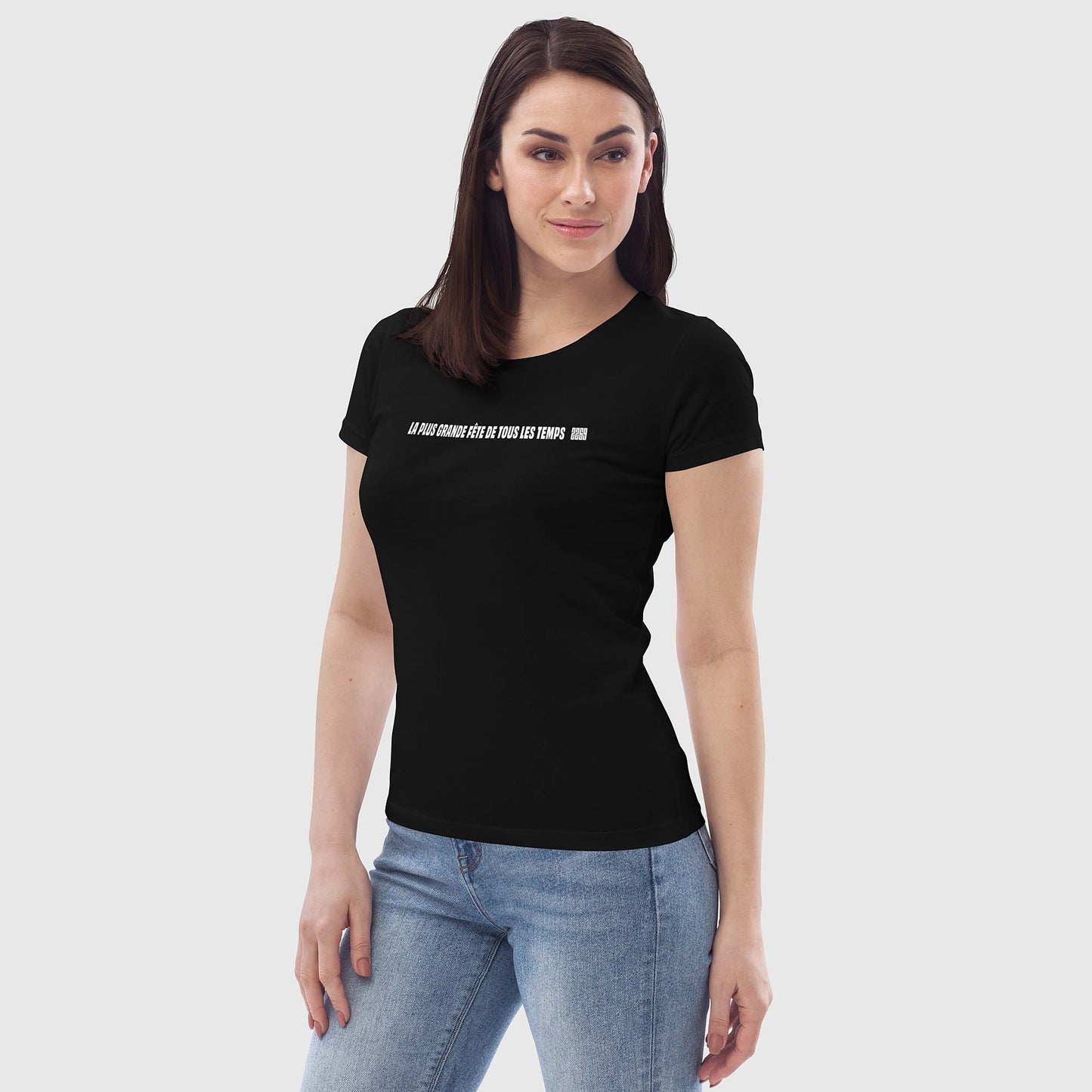 Women's black fitted organic cotton t-shirt with French 2269 party message