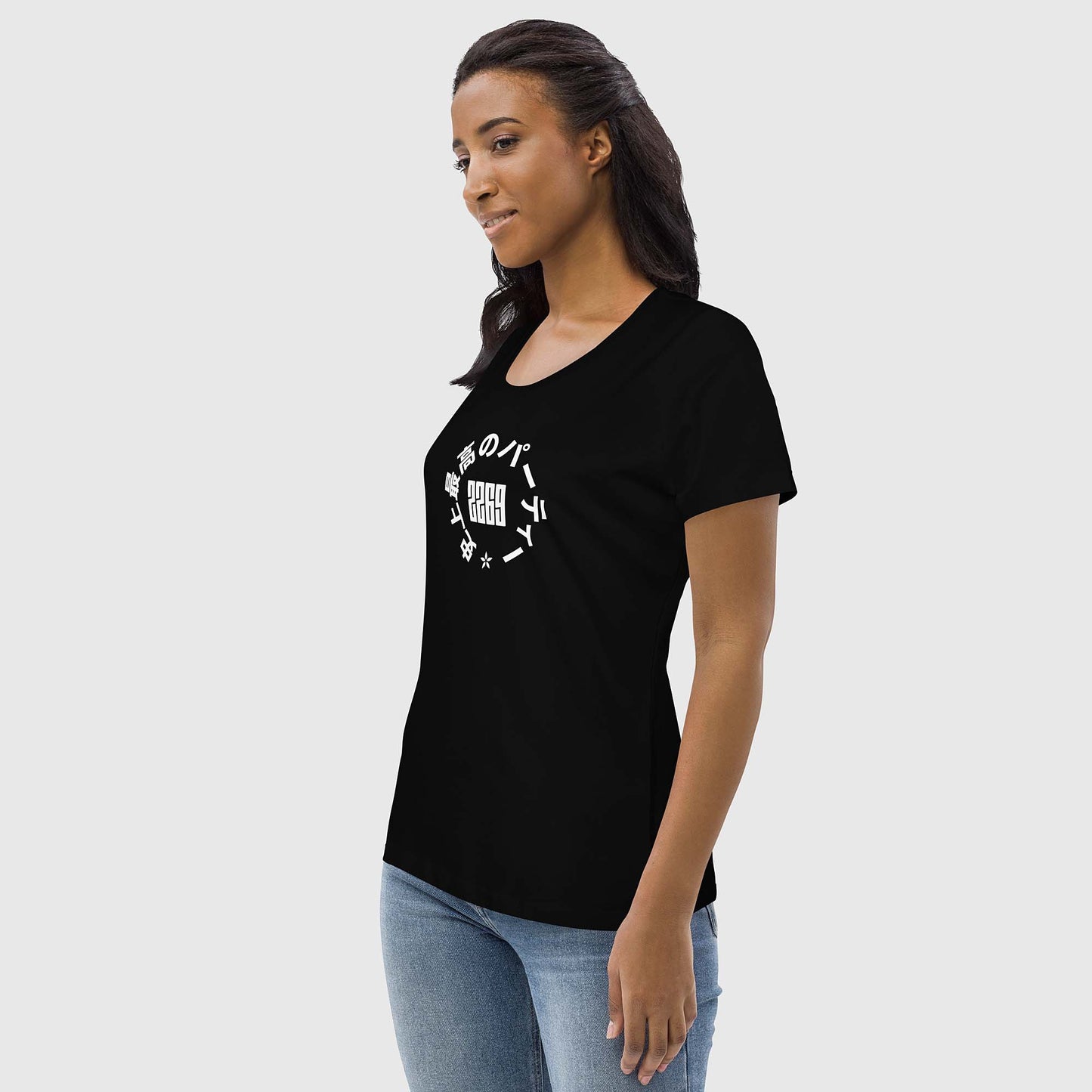 Women's black fitted organic cotton t-shirt with Japanese 2269 party circle