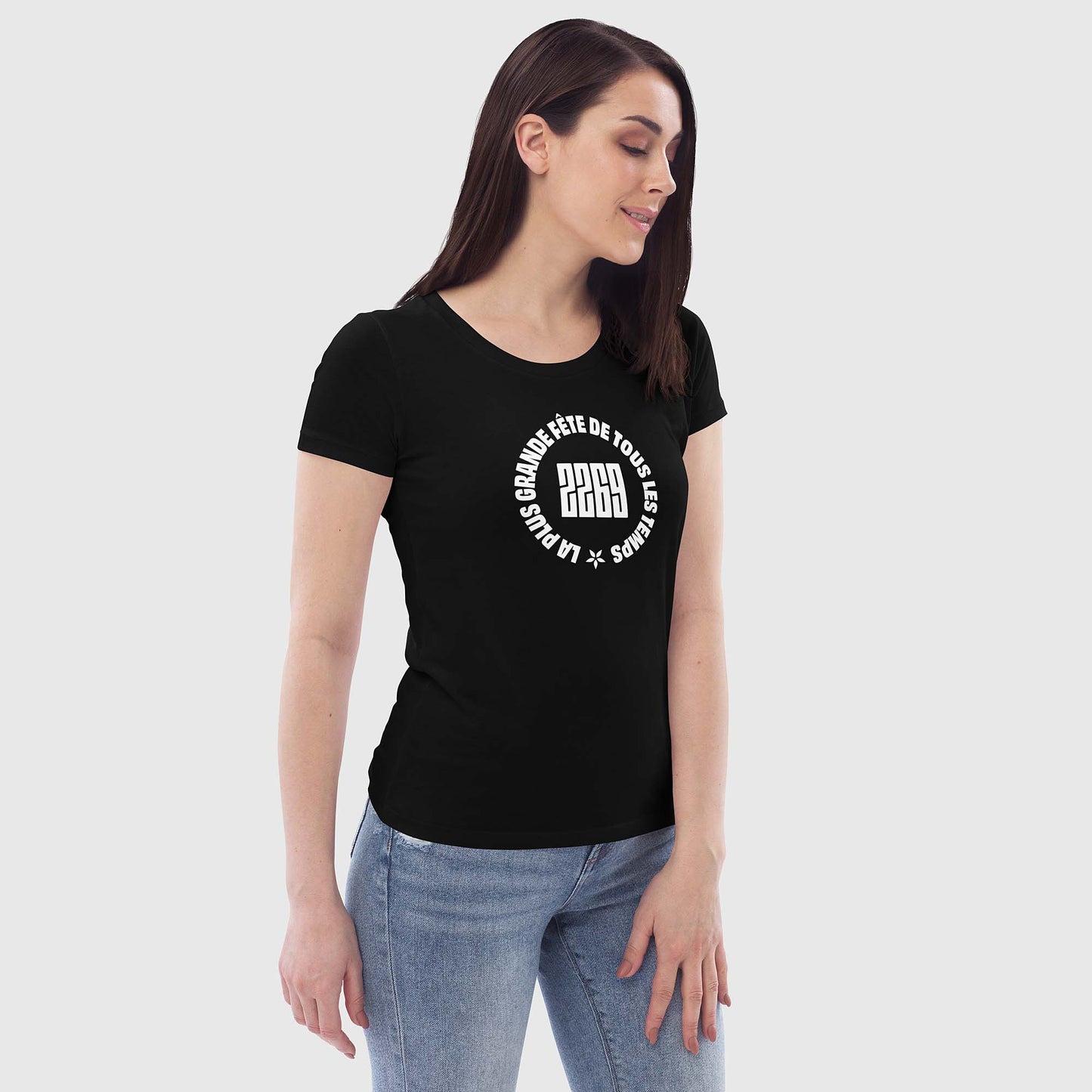 Women's black fitted organic cotton t-shirt with French 2269 party circle