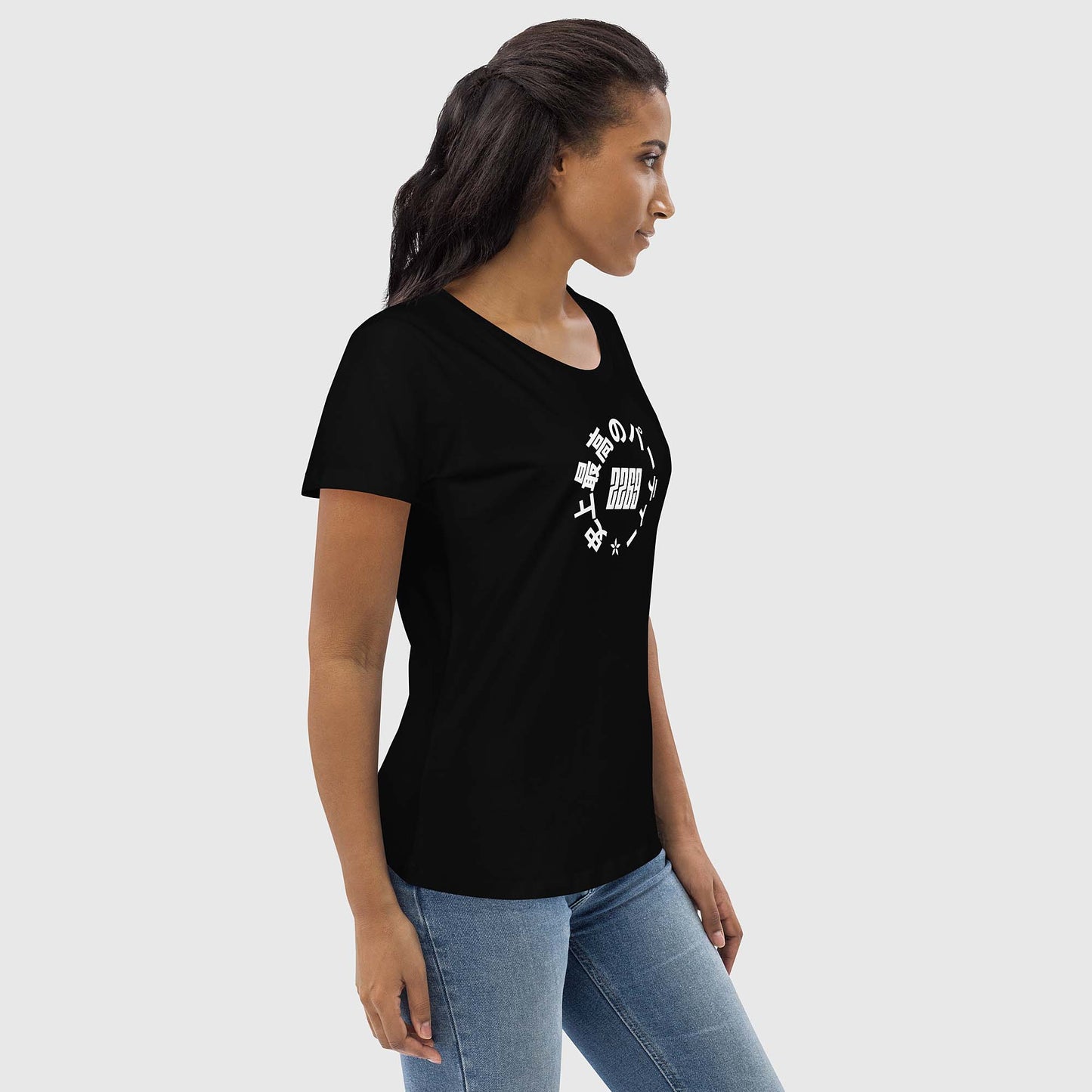 Women's black fitted organic cotton t-shirt with Japanese 2269 party circle