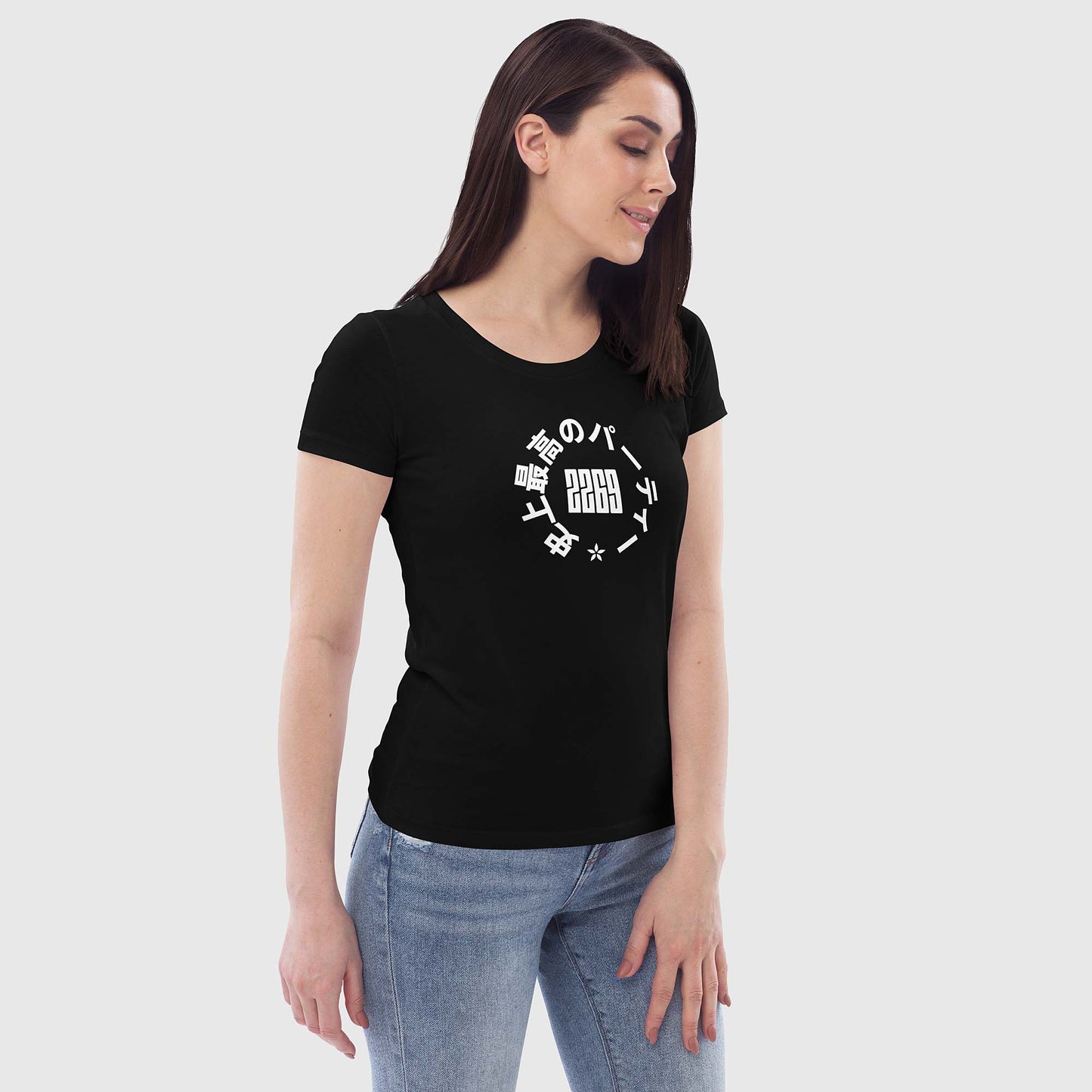 Women's black fitted organic cotton t-shirt with Japanese 2269 party circle