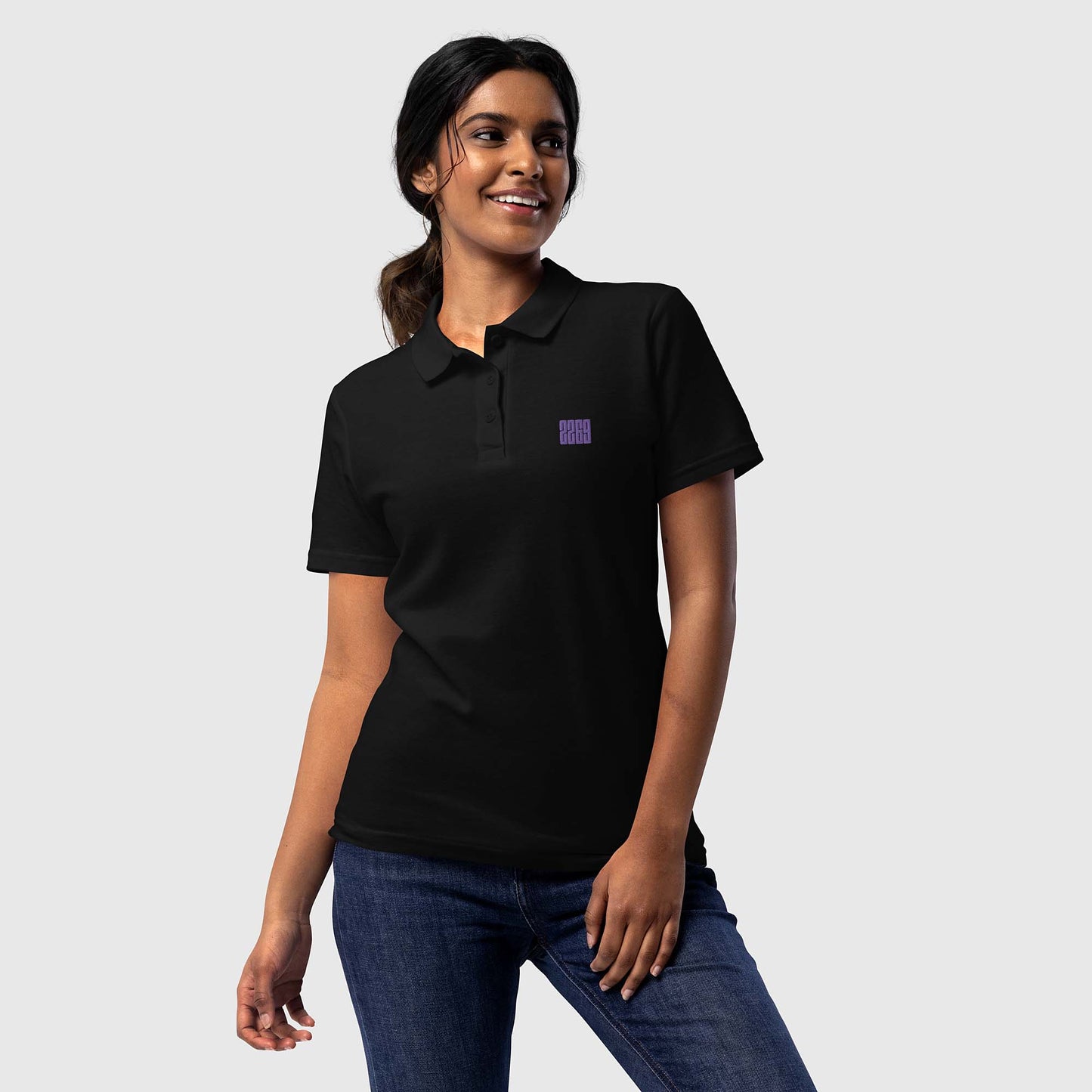 Women’s black pique polo shirt with embroidered 2269 logo