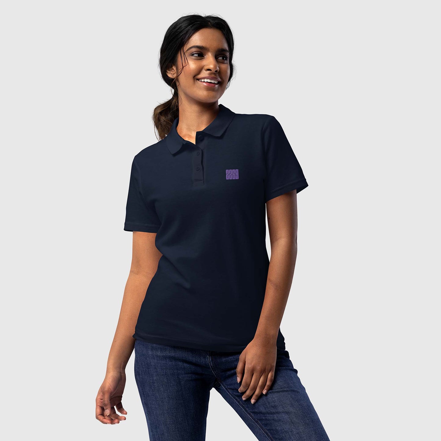 Women’s navy pique polo shirt with embroidered 2269 logo