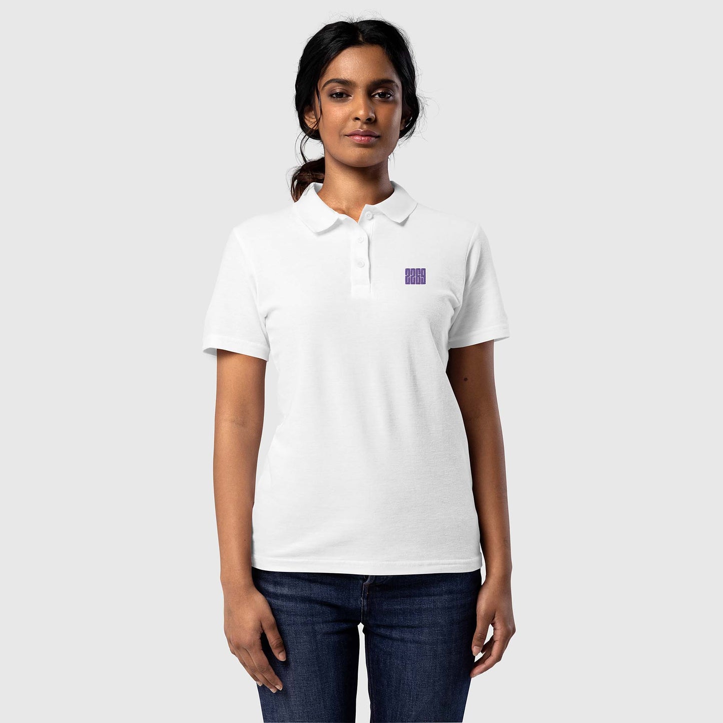 Women’s white pique polo shirt with embroidered 2269 logo