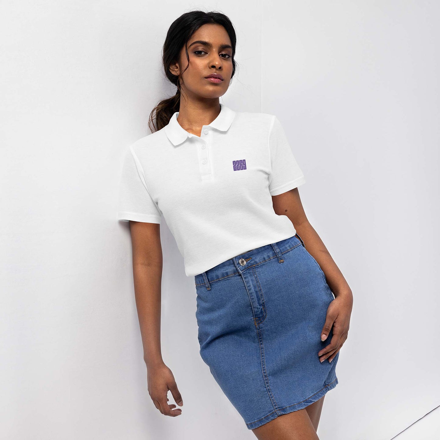 Women’s white pique polo shirt with embroidered 2269 logo