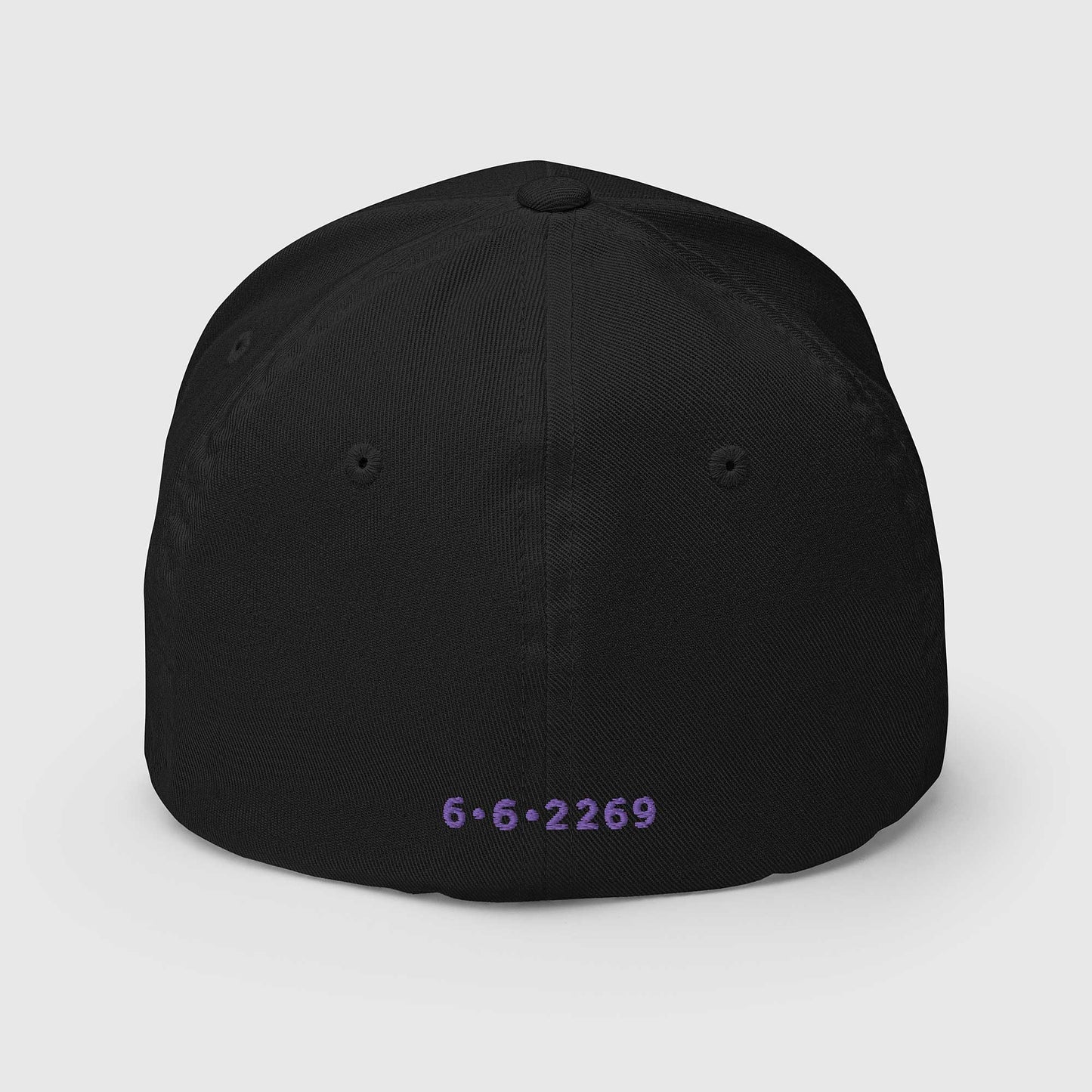 Black fitted baseball hat with subtle embroidery front and back