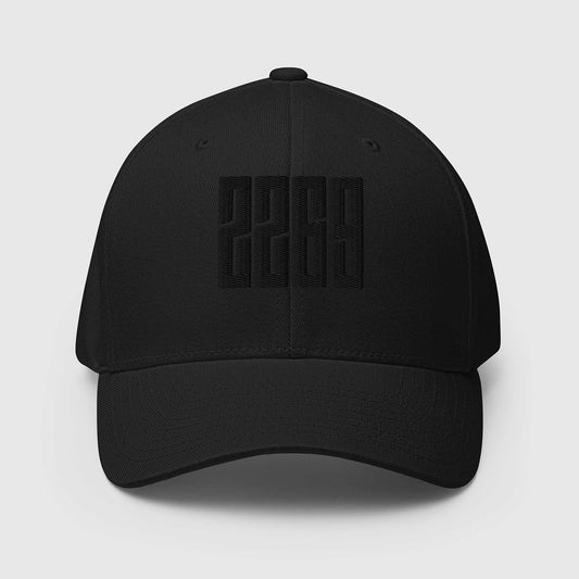 Black fitted baseball hat with subtle embroidery front and back