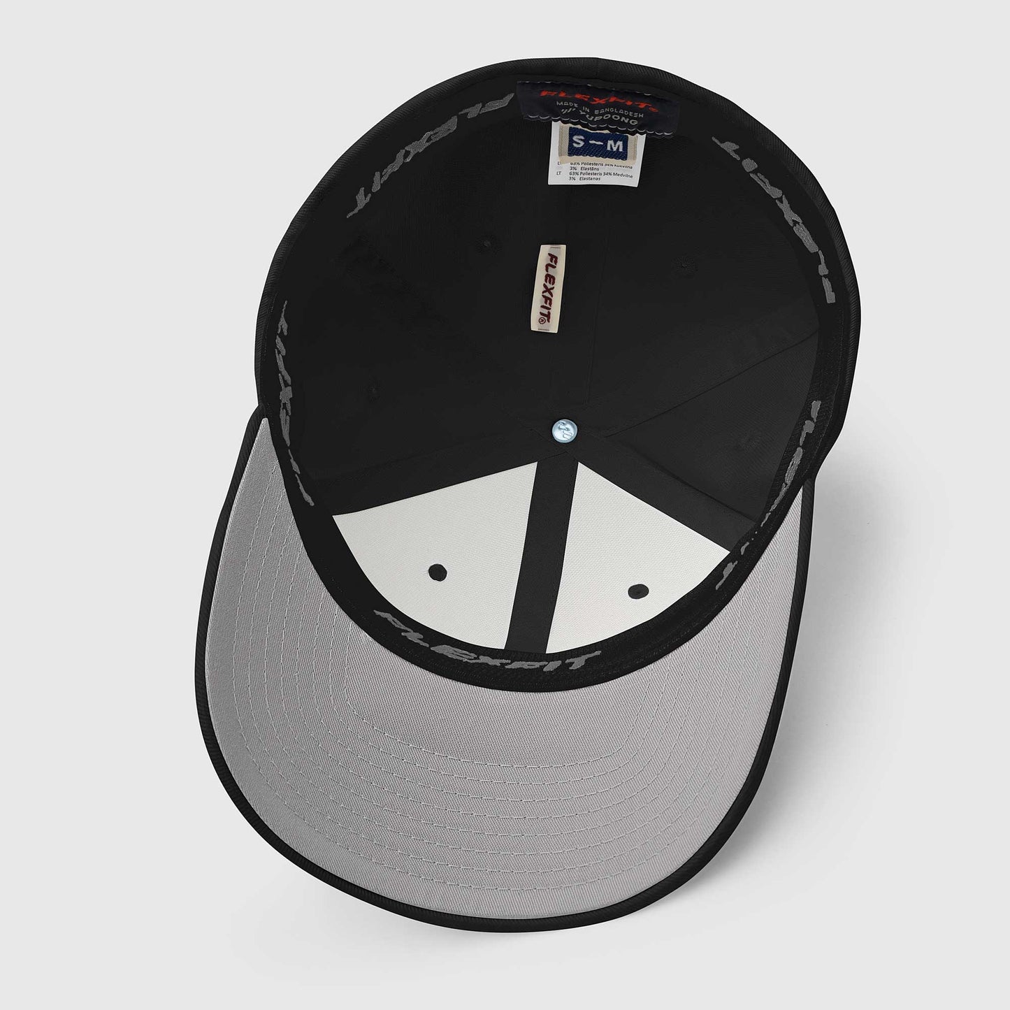 Black fitted baseball hat with subtle embroidery front and back