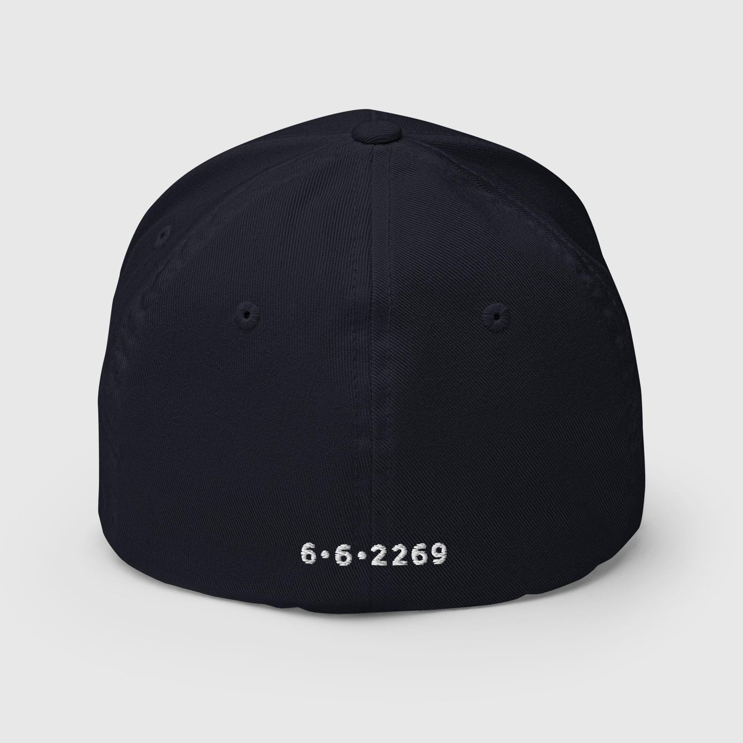 Dark navy fitted baseball hat with white embroidery front and back