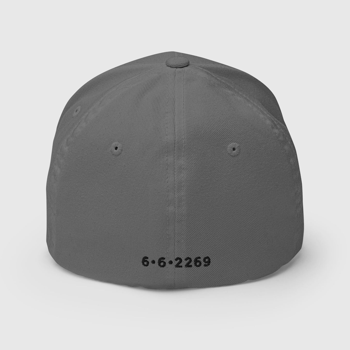Grey fitted baseball hat with black embroidery front and back