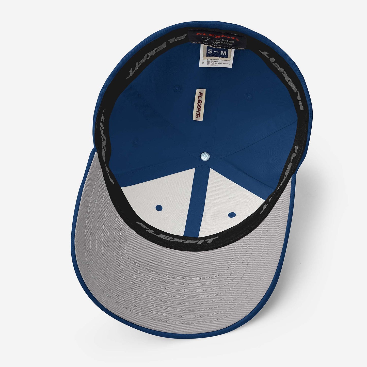 Royal blue fitted baseball hat with white embroidery front and back