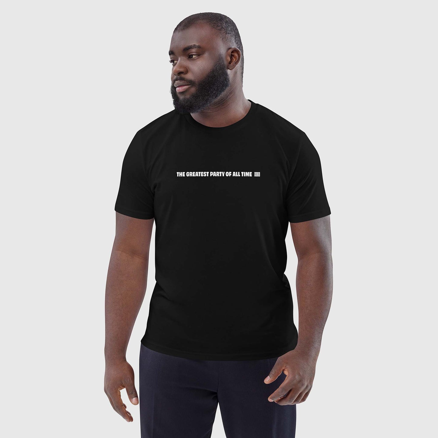Men's black organic cotton t-shirt with English 2269 party message