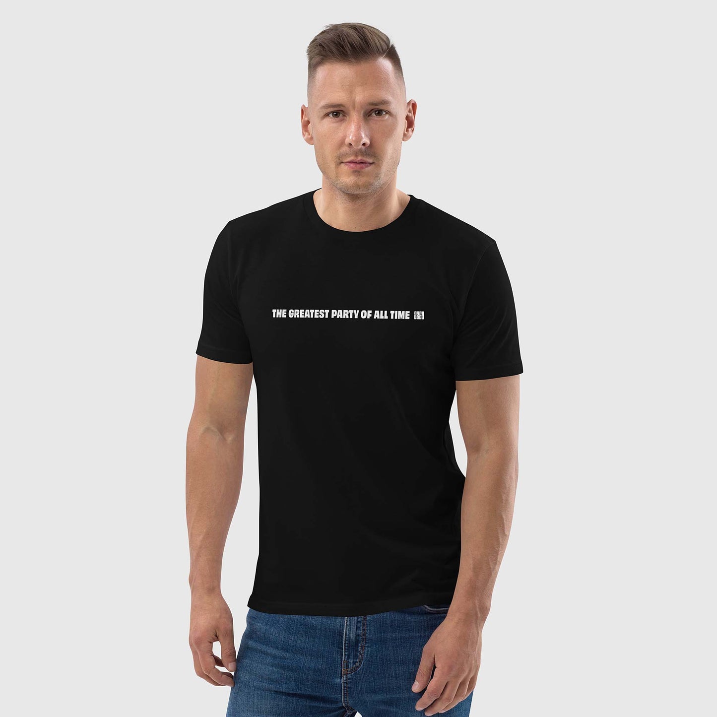 Men's black organic cotton t-shirt with English 2269 party message