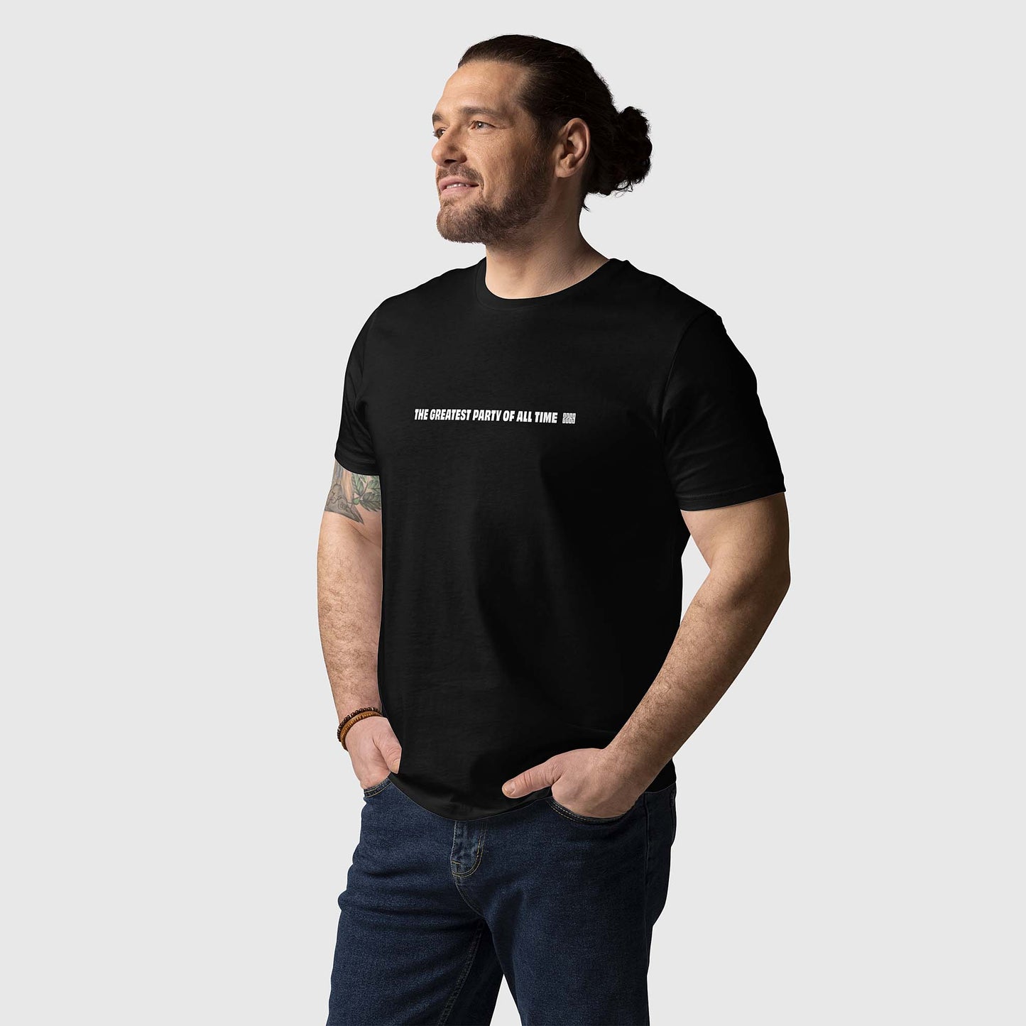 Unisex black organic cotton t-shirt with English 2269 party message