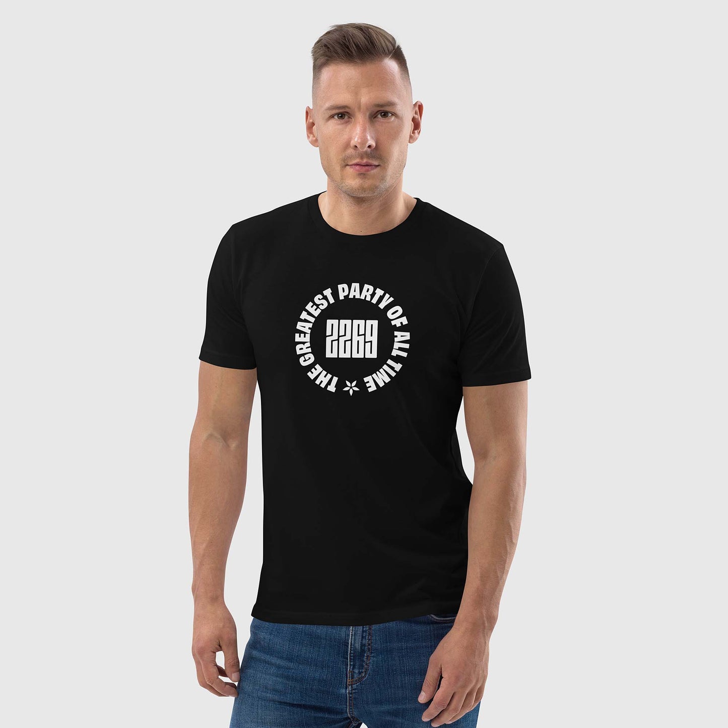 Men's black organic cotton t-shirt with English 2269 party circle