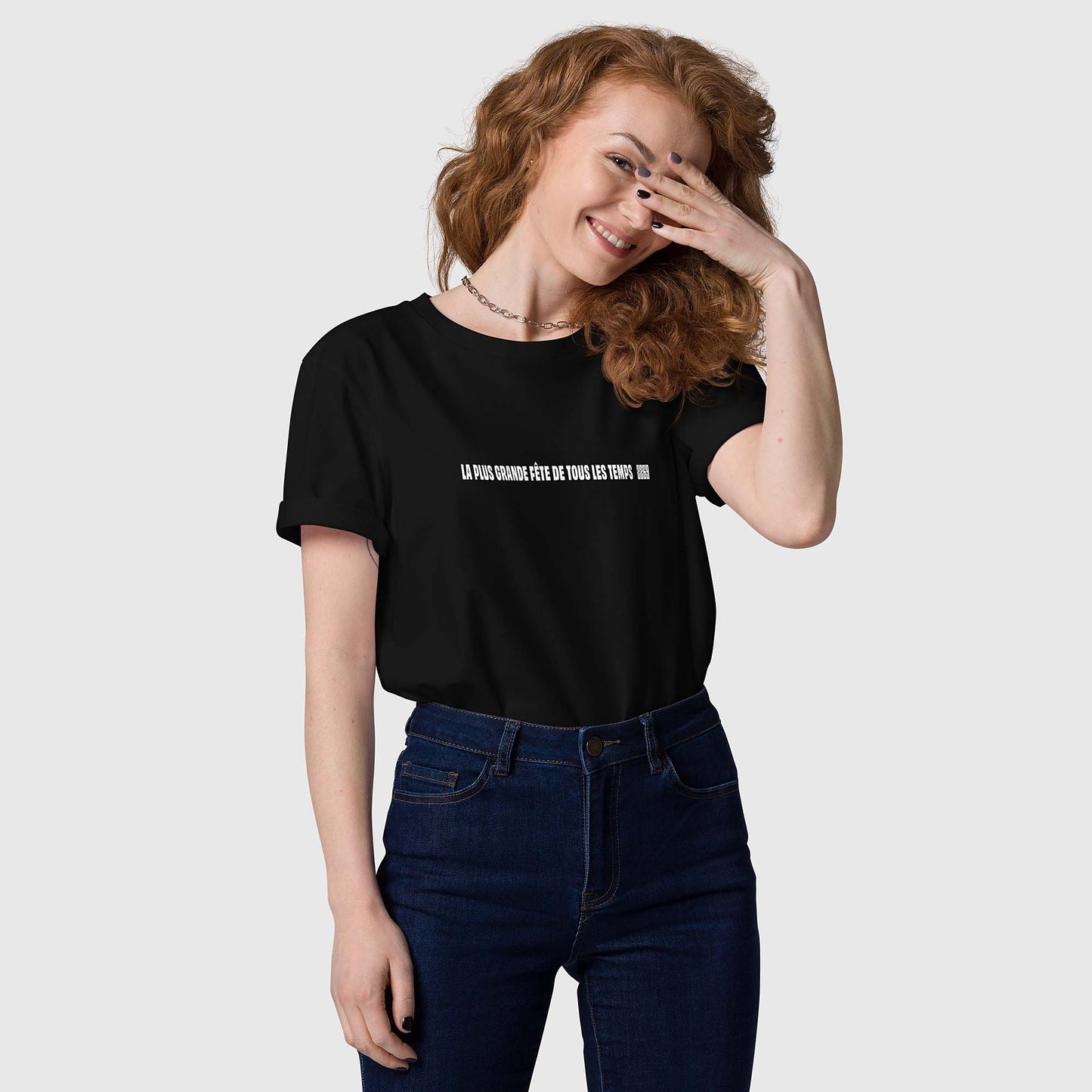 Unisex black organic cotton t-shirt with French 2269 party message