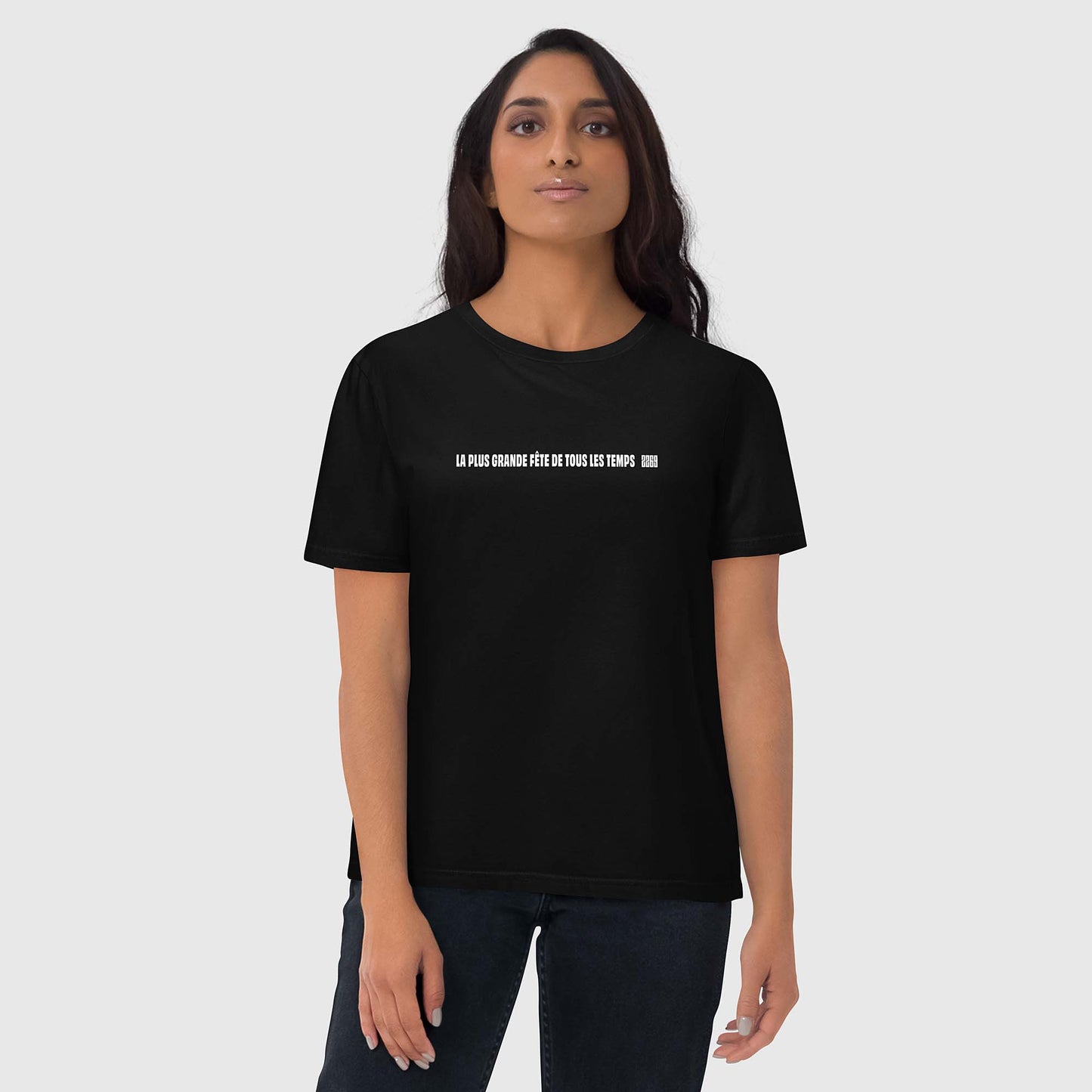 Unisex black organic cotton t-shirt with French 2269 party message