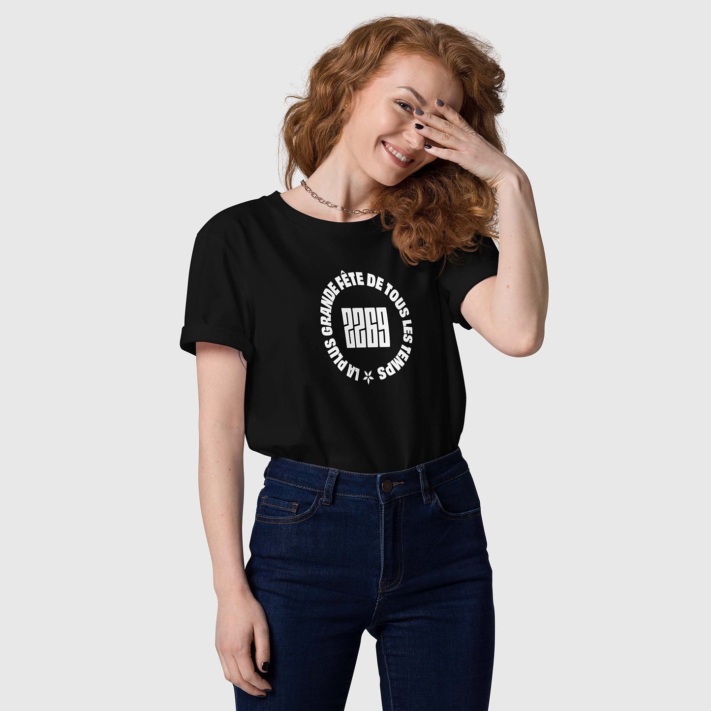 Unisex black organic cotton t-shirt with French 2269 party circle
