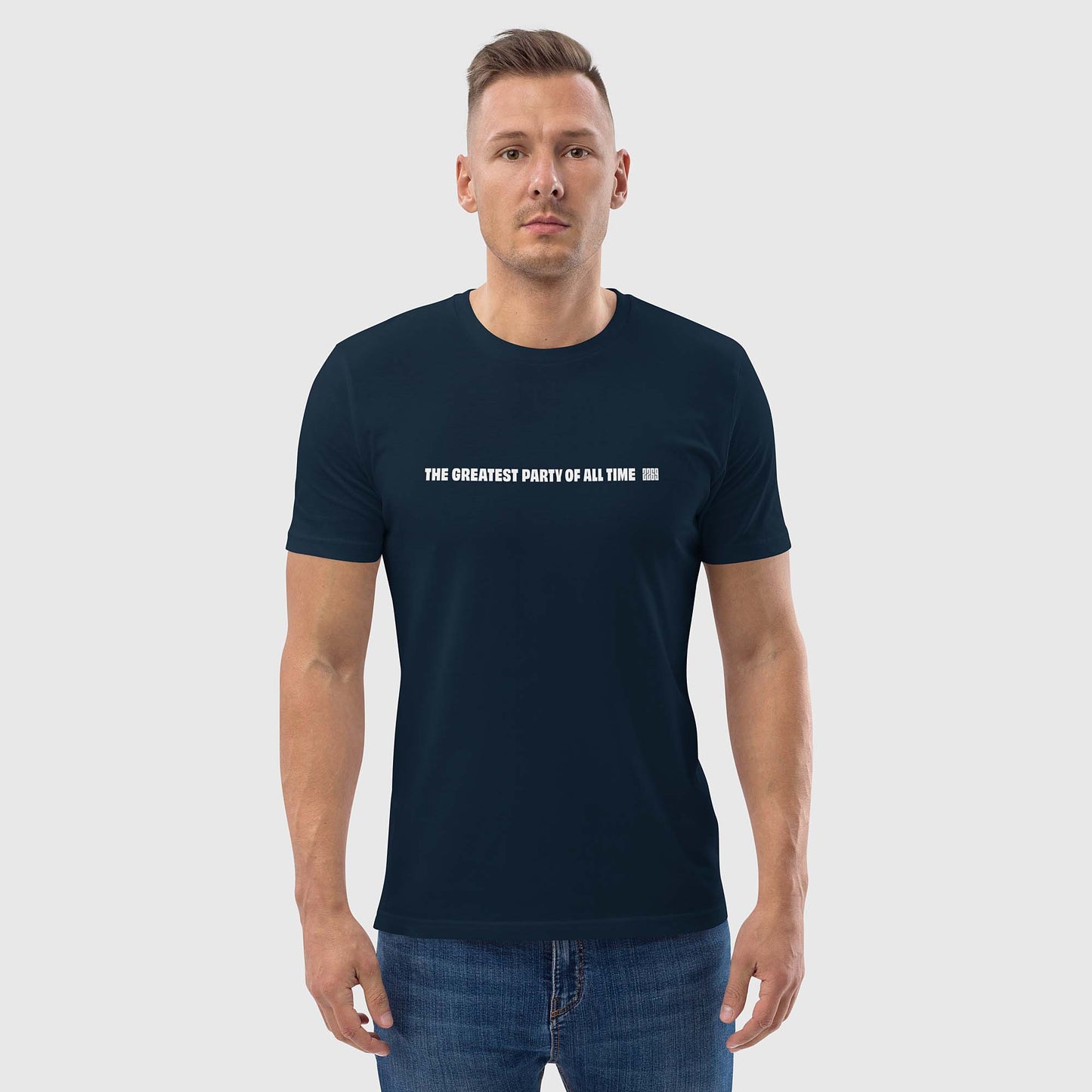 Unisex navy organic cotton t-shirt with English 2269 party message