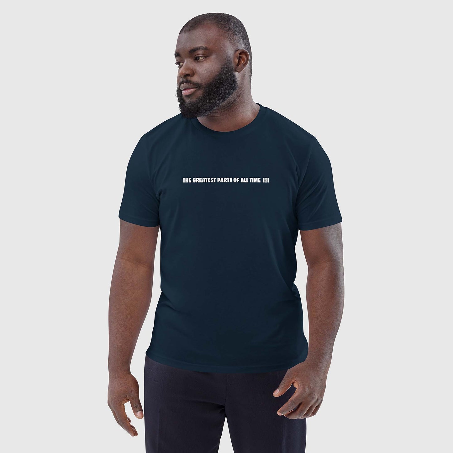 Men's navy organic cotton t-shirt with English 2269 party message