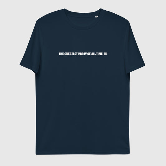 Unisex navy organic cotton t-shirt with English 2269 party message