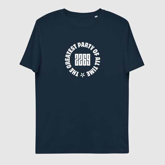 Unisex navy organic cotton t-shirt with English 2269 party circle