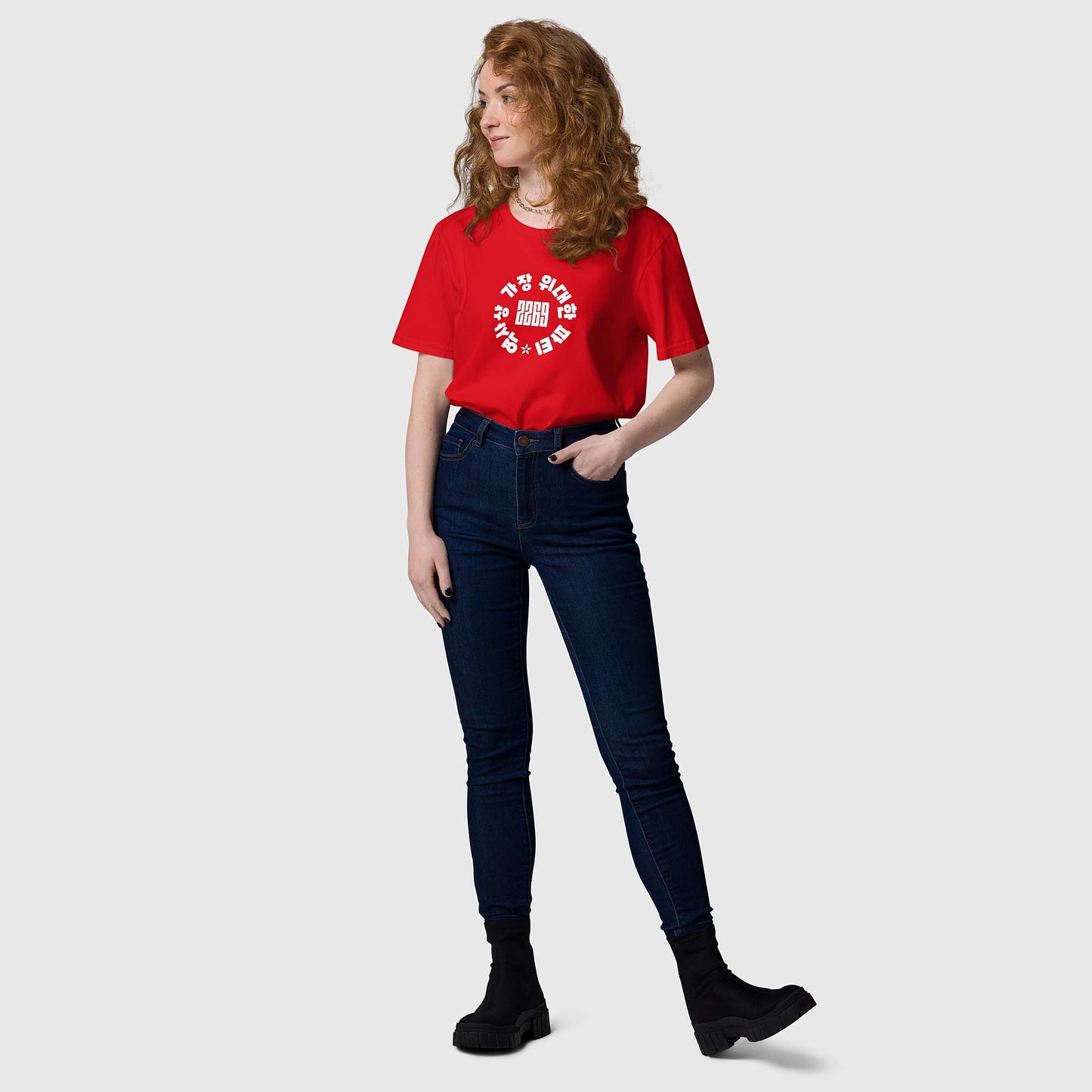 Unisex red organic cotton t-shirt with Korean 2269 party circle