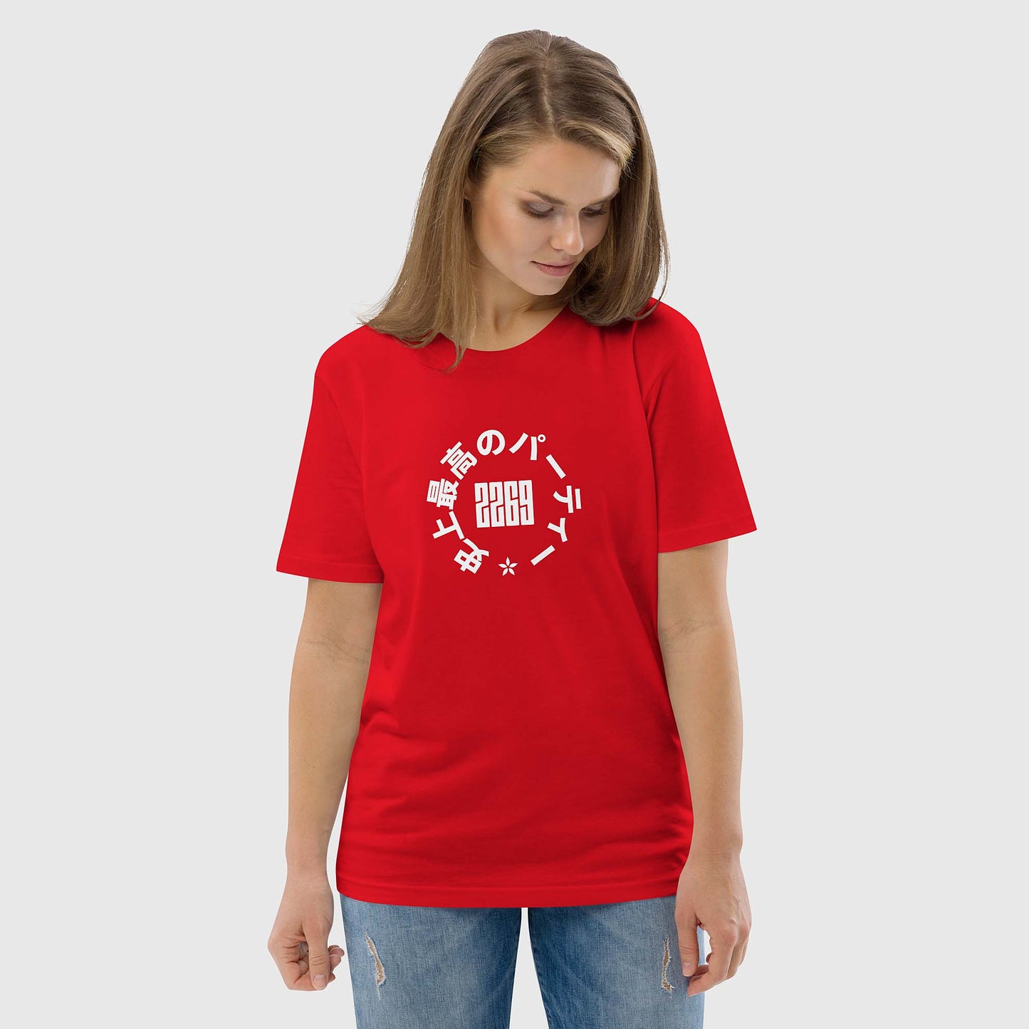 Unisex red organic cotton t-shirt with Japanese 2269 party circle
