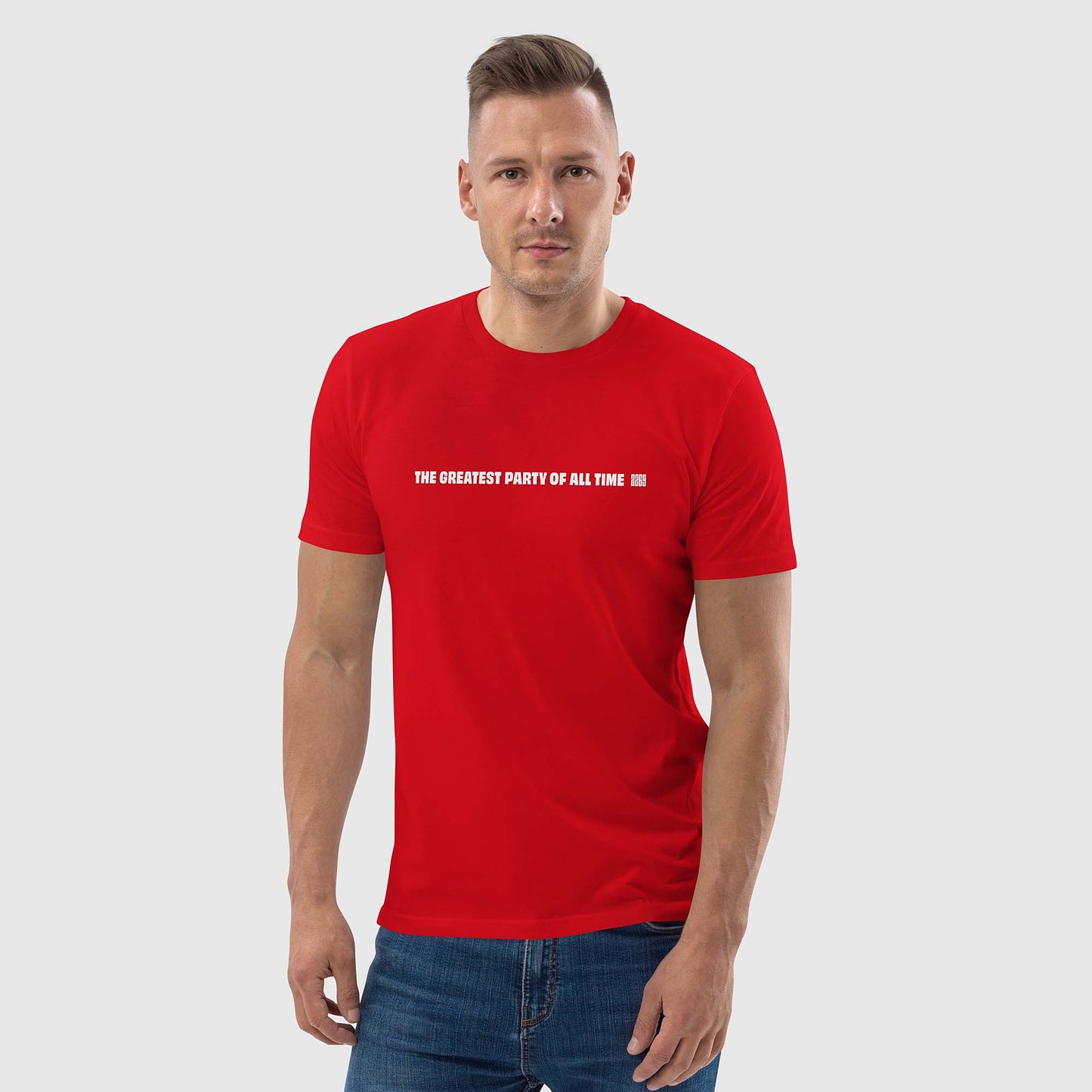 Men's red organic cotton t-shirt with English 2269 party message