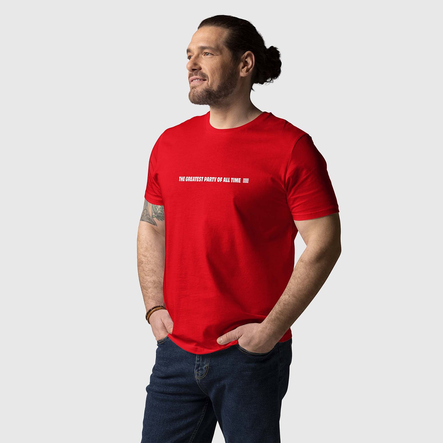 Unisex red organic cotton t-shirt with English 2269 party message
