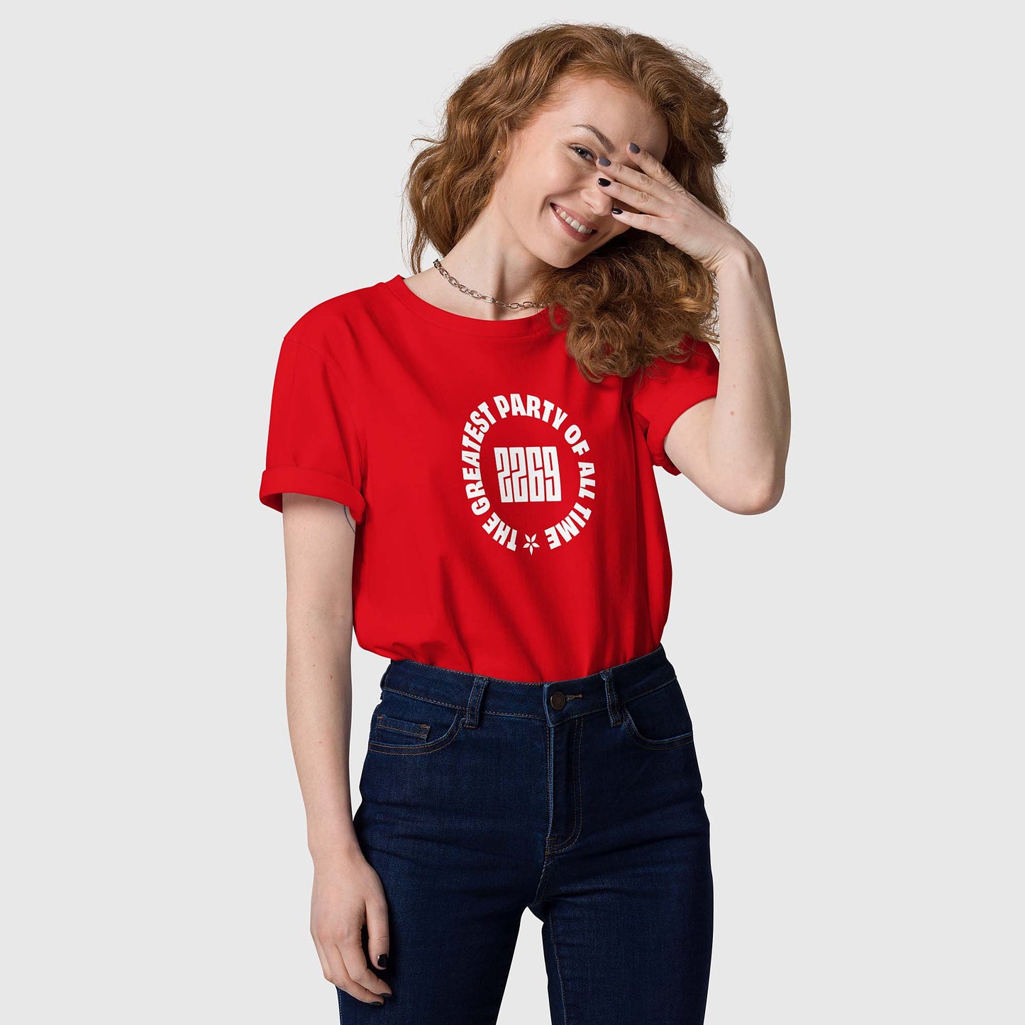 Unisex red organic cotton t-shirt with English 2269 party circle