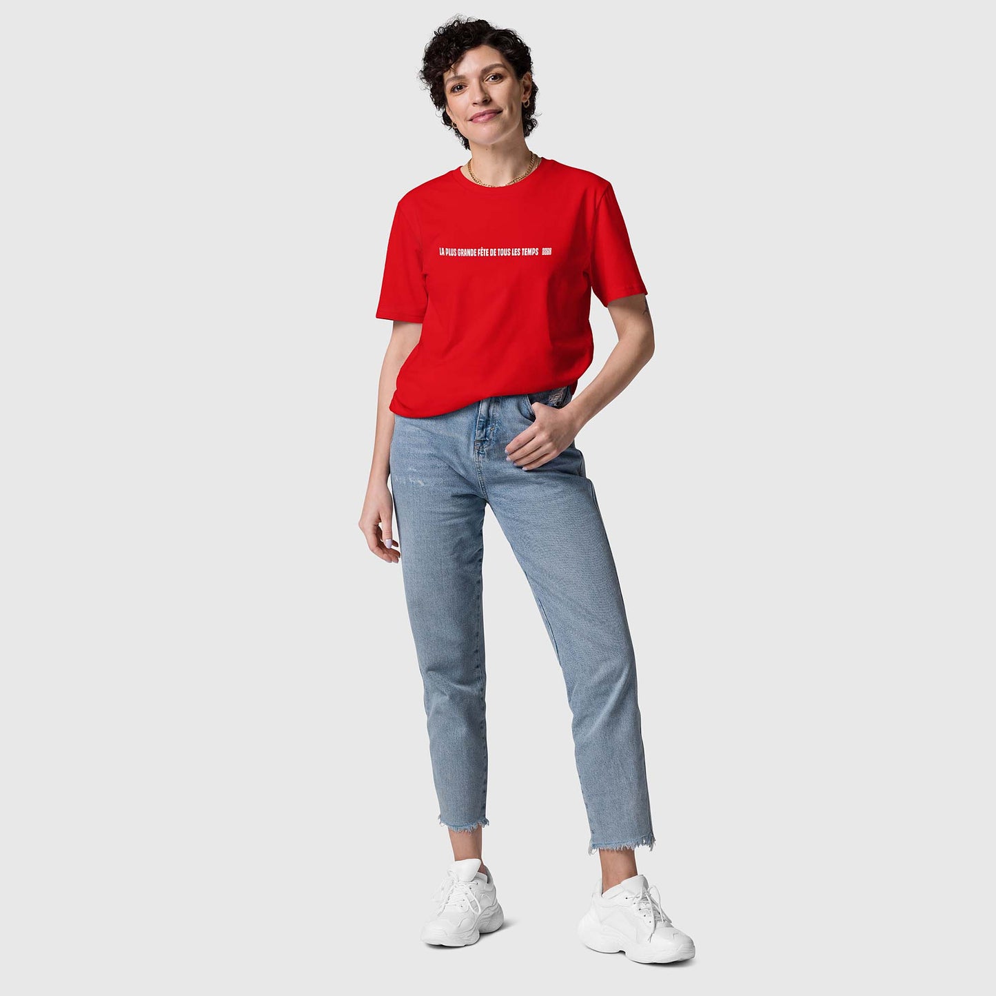 Unisex red organic cotton t-shirt with French 2269 party line