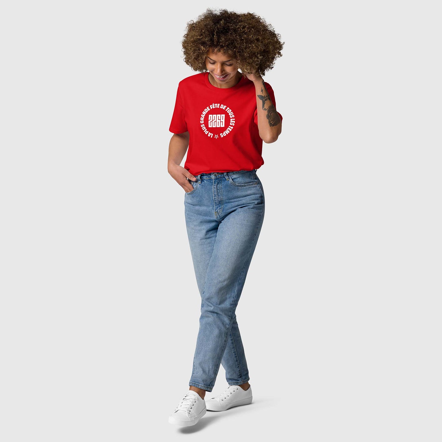 Unisex red organic cotton t-shirt with French 2269 party circle