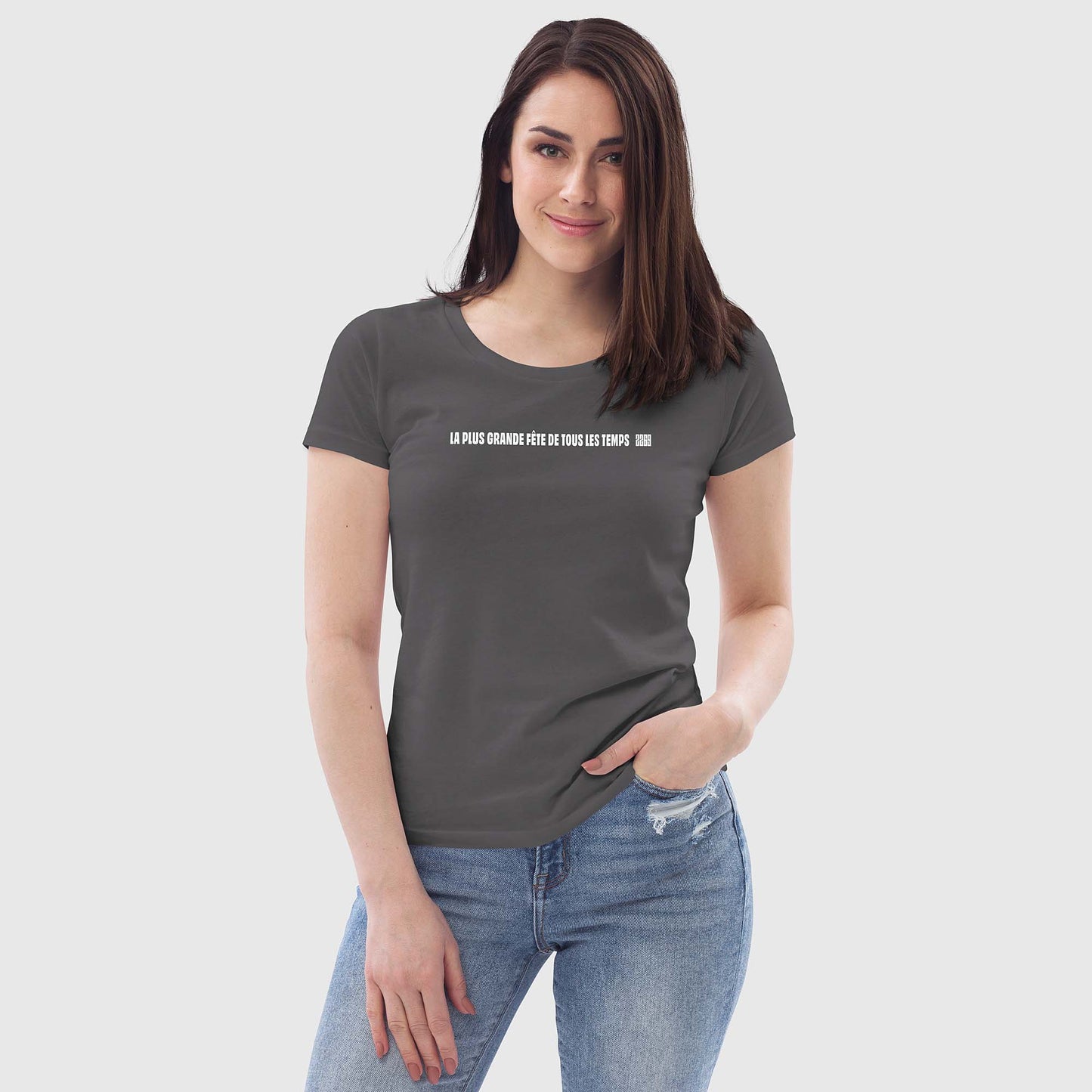 Women's anthracite fitted organic cotton t-shirt with French 2269 party message