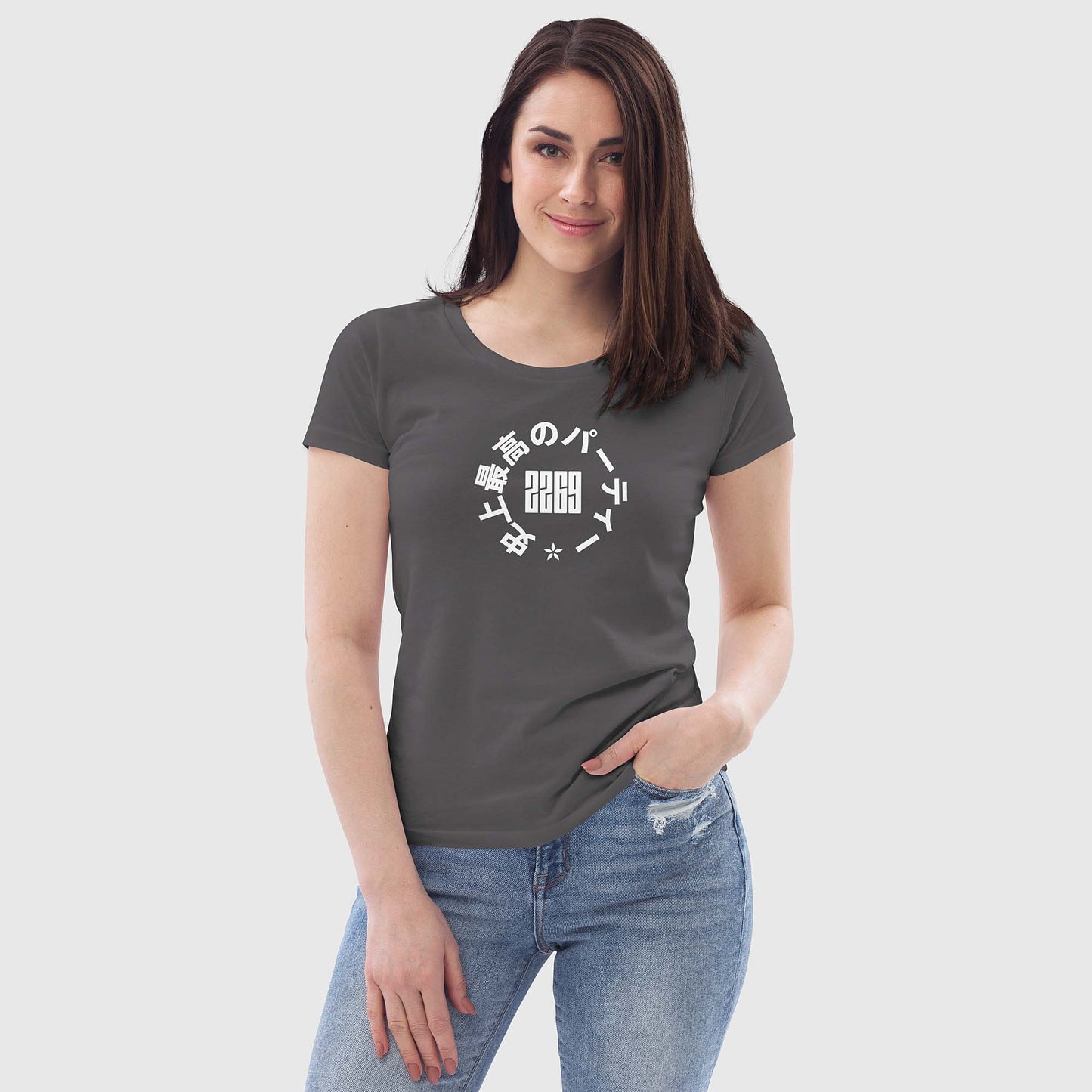 Women's anthracite fitted organic cotton t-shirt with Japanese 2269 party circle