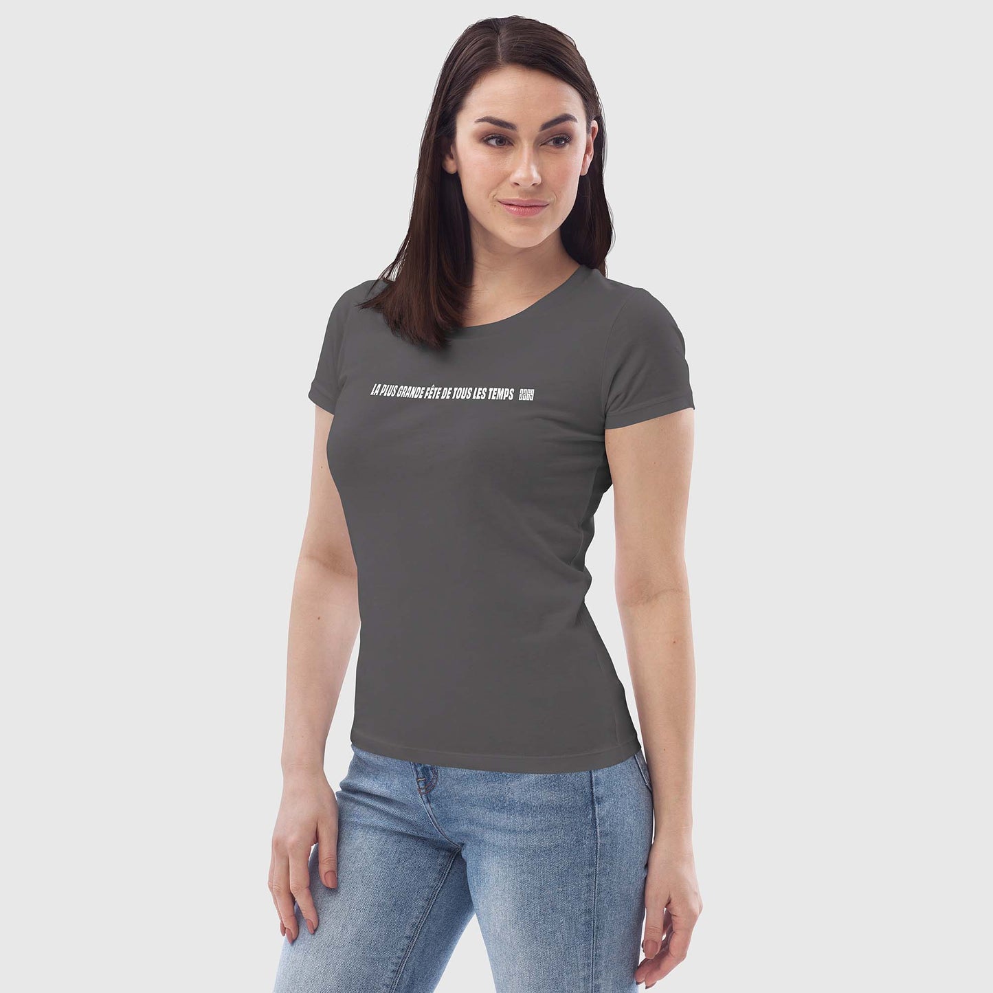 Women's anthracite fitted organic cotton t-shirt with French 2269 party message