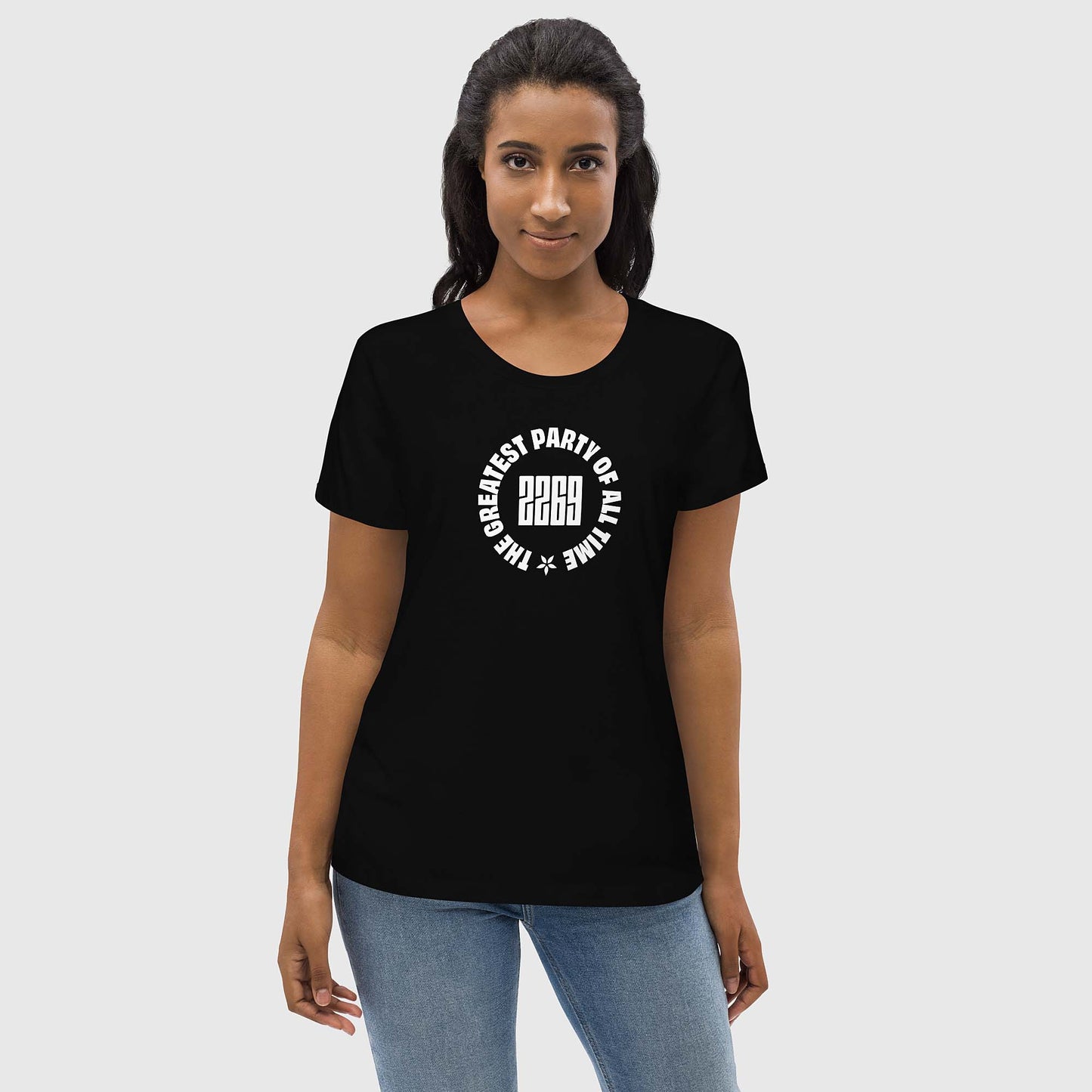 Women's black fitted organic cotton t-shirt with English 2269 party circle