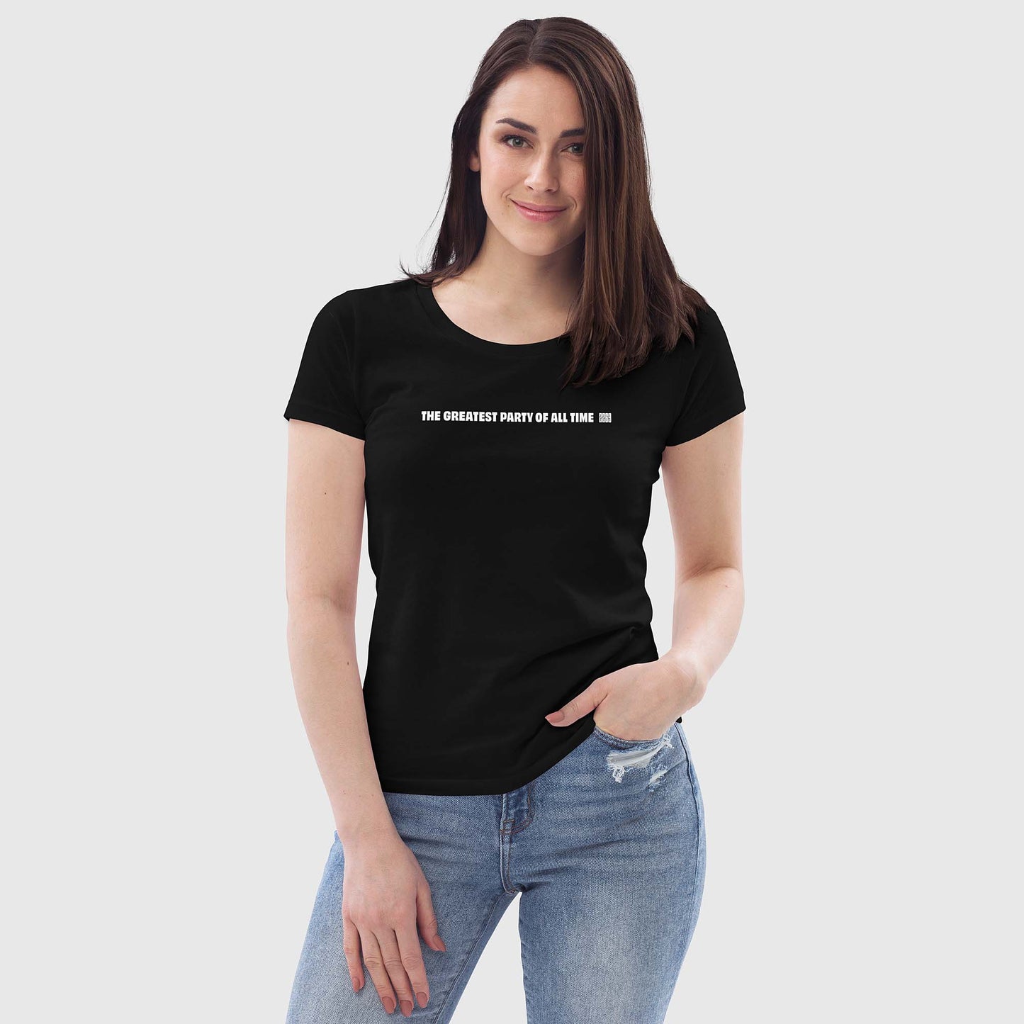 Women's black fitted organic cotton t-shirt with English 2269 party message