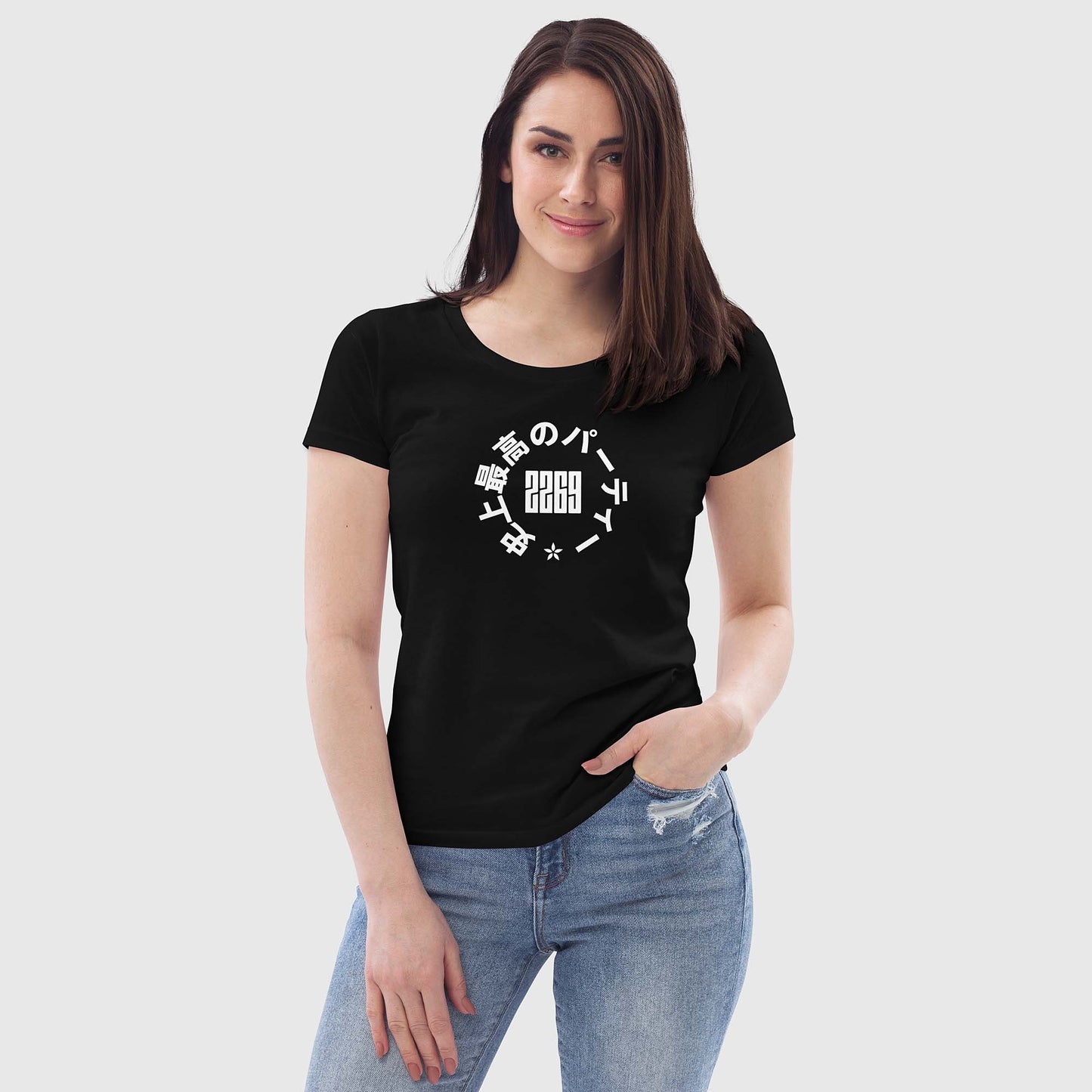 Women's black fitted organic cotton t-shirt with Japanese 2269 party circle