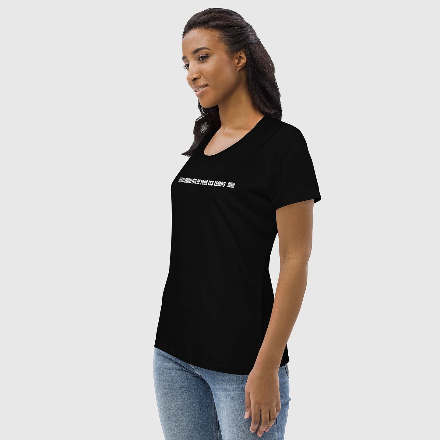 Women's black fitted organic cotton t-shirt with French 2269 party message